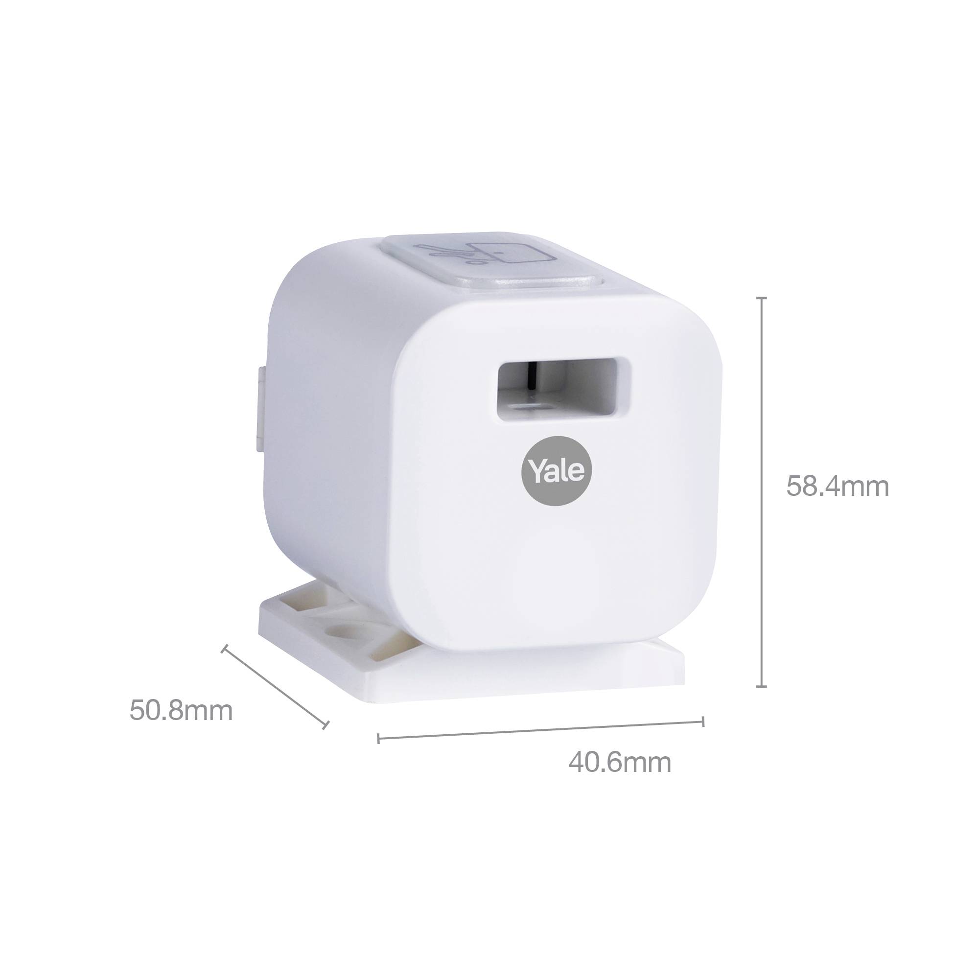 'Das Bild zeigt einen quadratischen weißen Yale-Sensor mit den Maßen: Höhe 58,4 mm, Breite 50,8 mm, Tiefe 40,6 mm.'