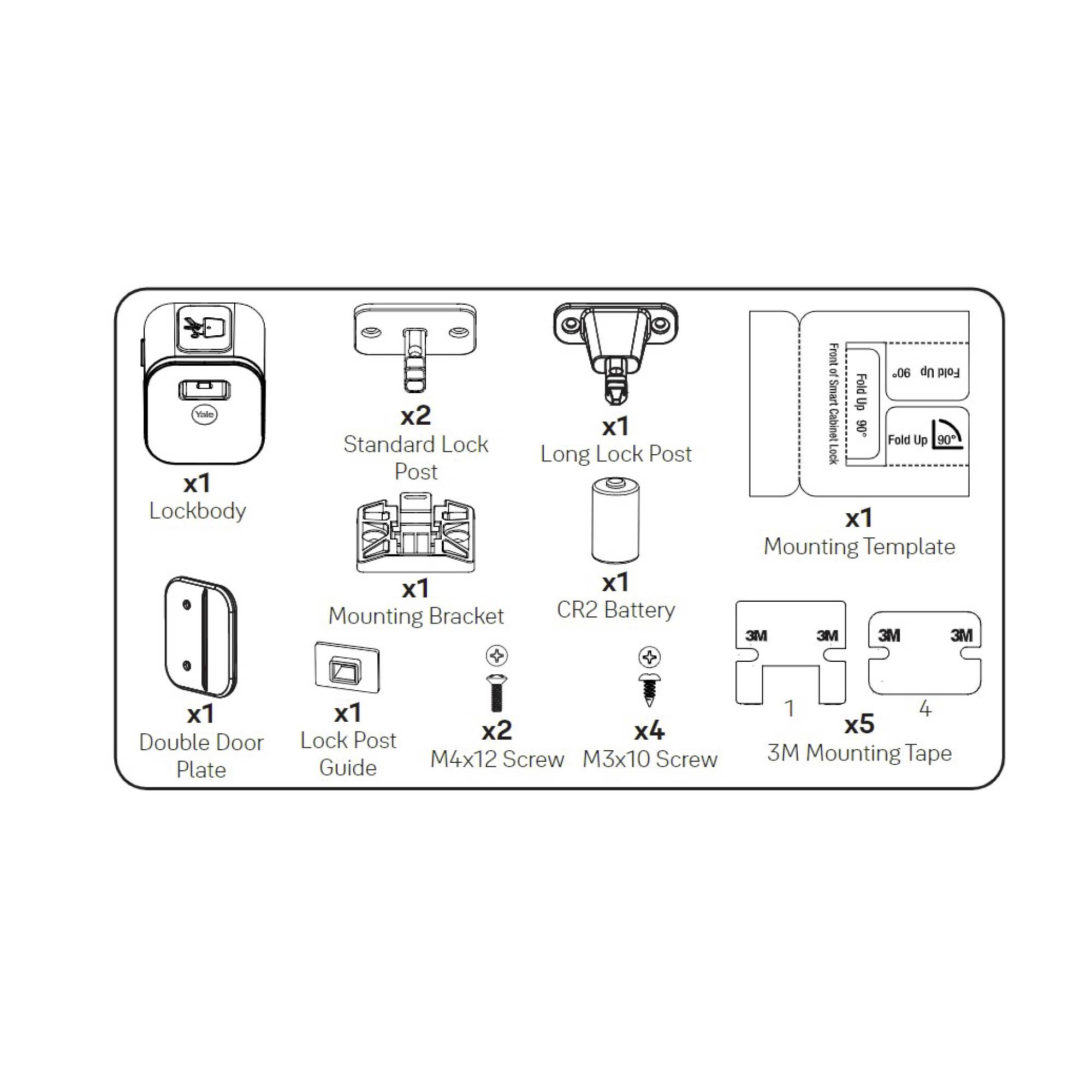 Inhalt eines digitalen Türschloss-Kits: Schlosskörper, Standard- und langer Schließpfosten, Montagewinkel, CR2-Batterie, Schrauben.