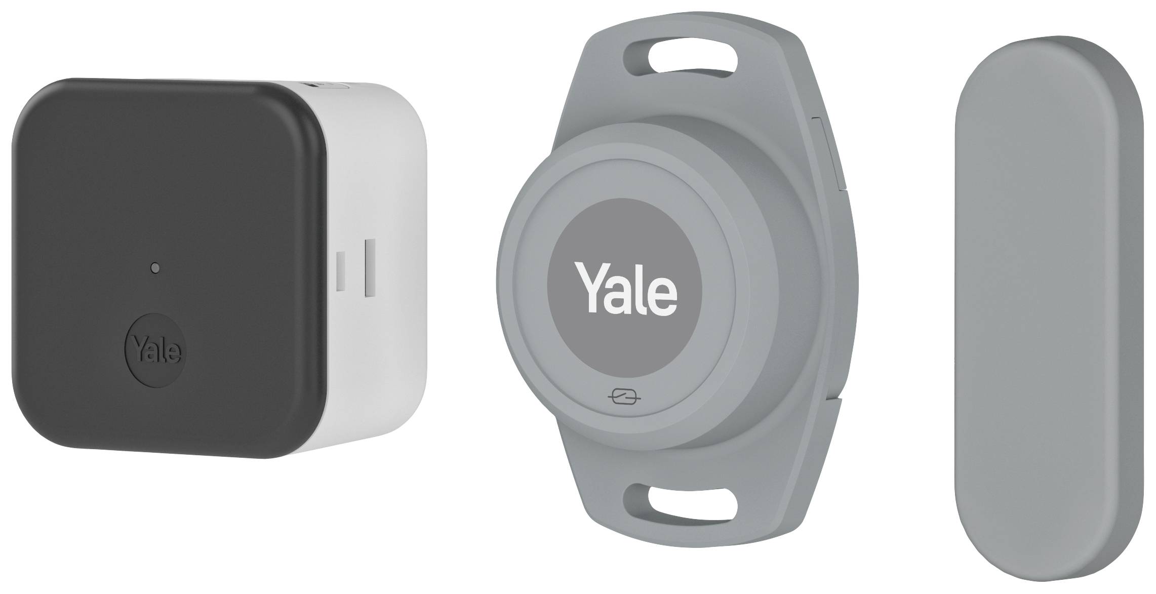 Drei Smarthome-Geräte: Eine quadratische schwarze und weiße Einheit, ein rundes graues Gerät mit 'Yale'-Logo, und ein längliches, graues Gerät.