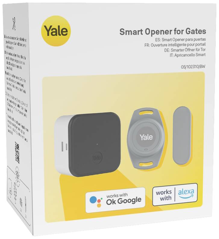 Verpackung eines intelligenten Toröffners von Yale, enthält Steuergerät, Fernbedienung und Magnet. Kompatibel mit Google und Alexa.
