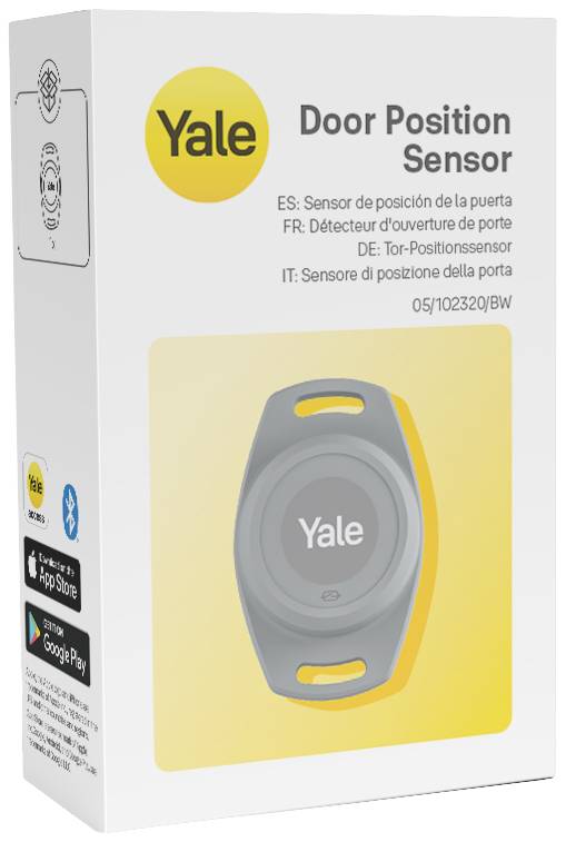 'Yale' Türpositionssensor Verpackung, zeigt ein graues Sensormodell mit gelbem Hintergrund. App Store und Google Play Logos unten.
