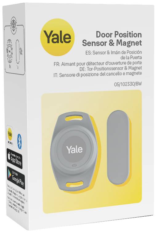 Eine Verpackung zeigt den 'Yale Türpositionssensor & Magnet'. Die Abbildung zeigt den Sensor neben einem Magneten, einschließlich mehrsprachiger Erklärungen.