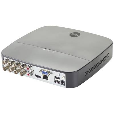 Ein silberner DVR-Recorder mit mehreren Audio- und Videoanschlüssen auf der Rückseite, USB-Port vorne, und ovalem Logo oben.