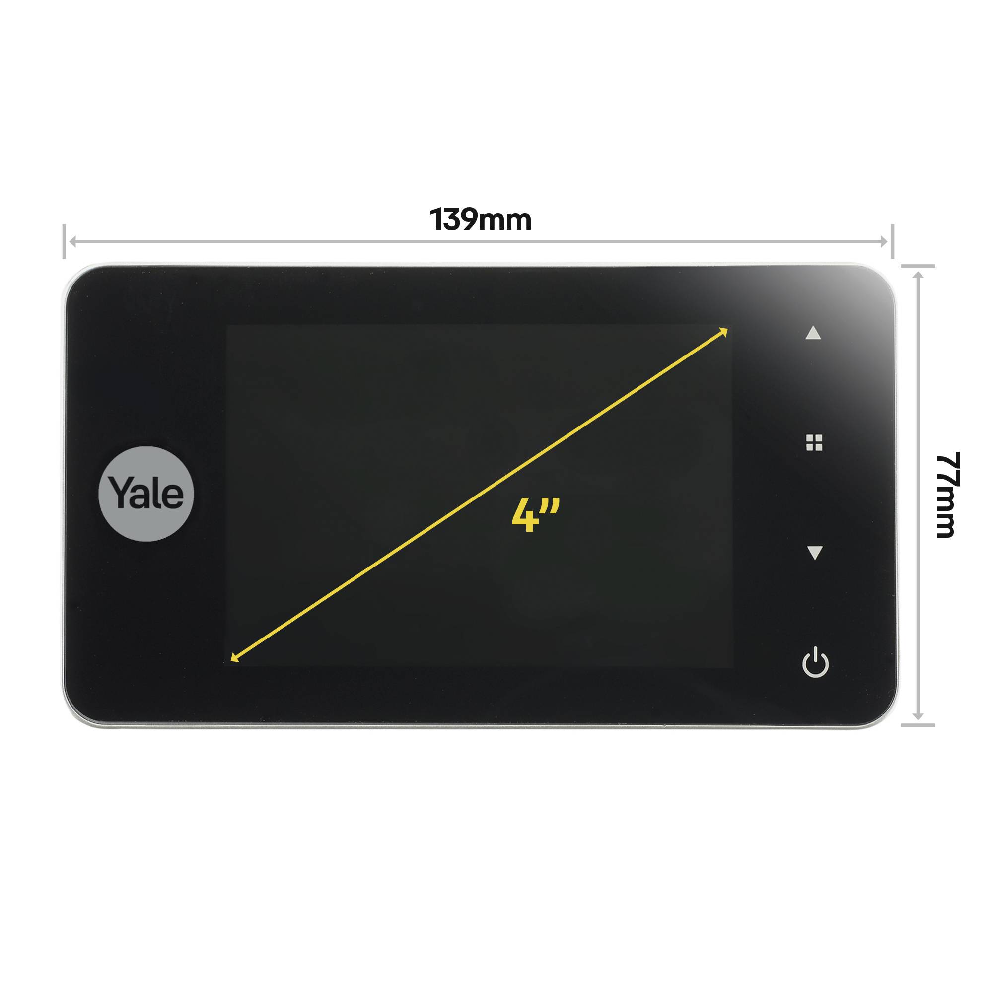 Digitaler Türspion von Yale mit 4-Zoll-Bildschirm, 139 mm Breite und 77 mm Höhe.