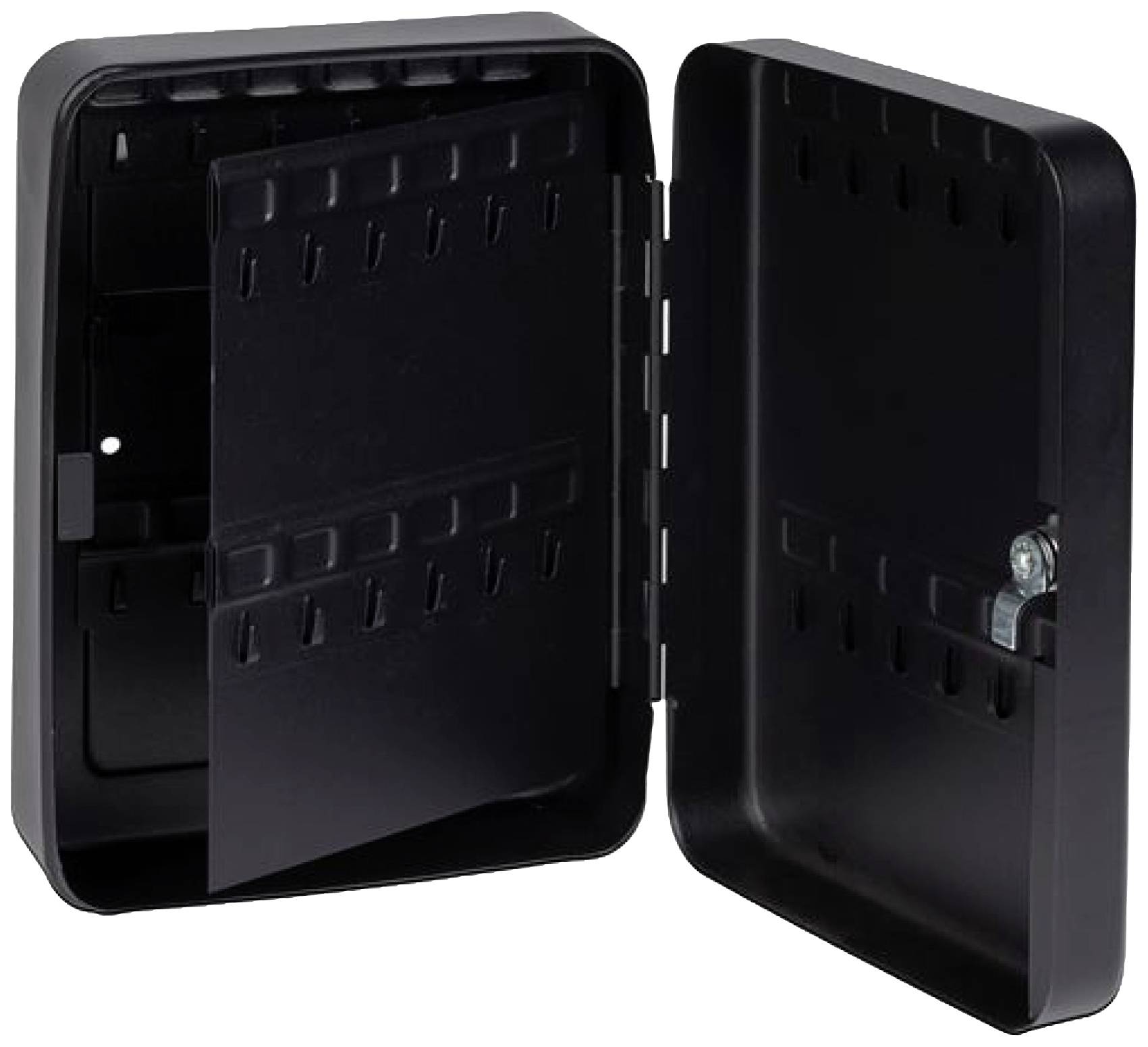 Schwarzer Schlüsselkasten mit offener Tür, zeigt leere Hakenreihen für Schlüsselaufbewahrung innen, geeignet für Büro oder Zuhause.