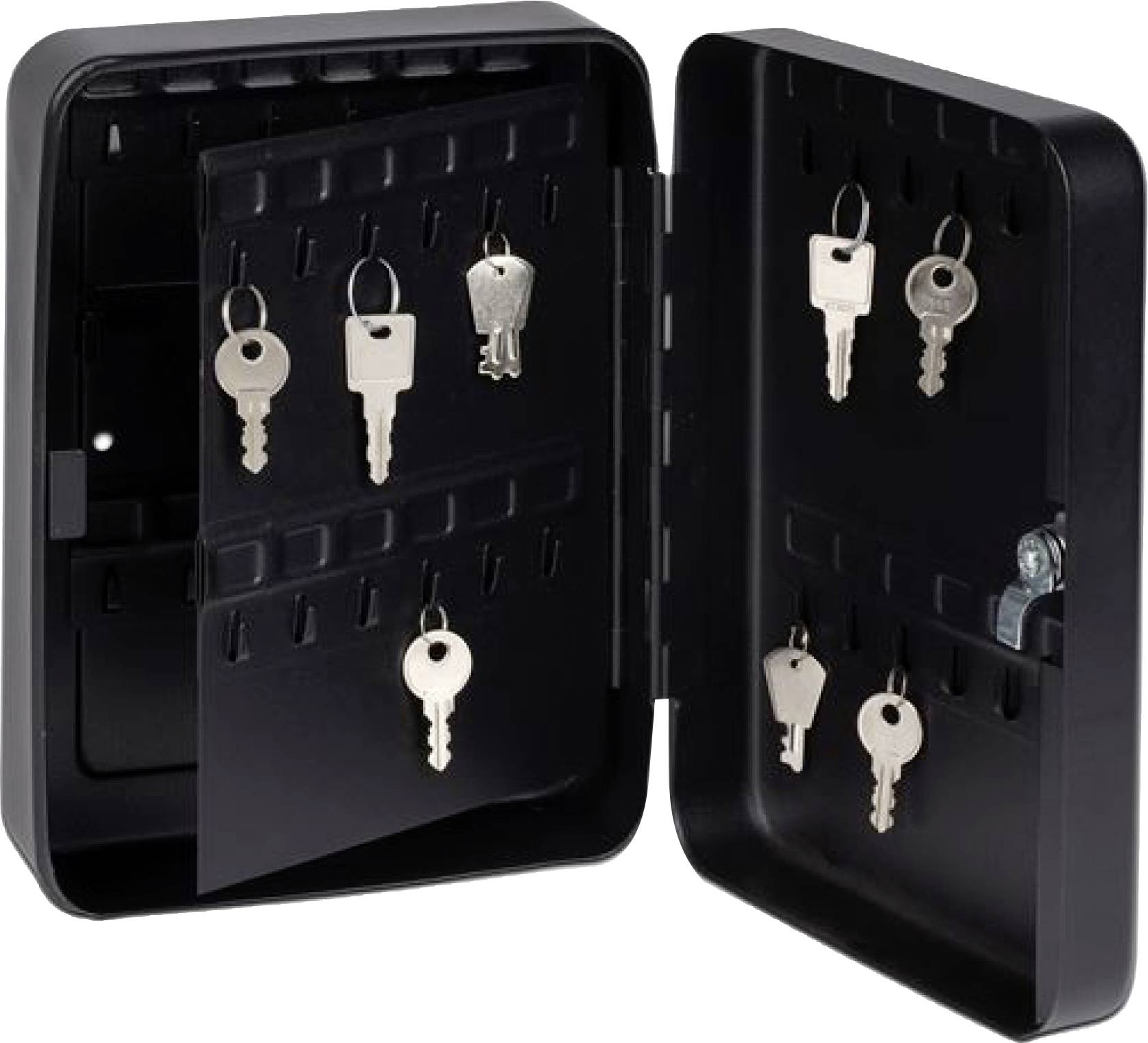 Schwarzer Schlüsselkasten geöffnet, zeigt mehrere Schlüssel an Haken im Inneren.