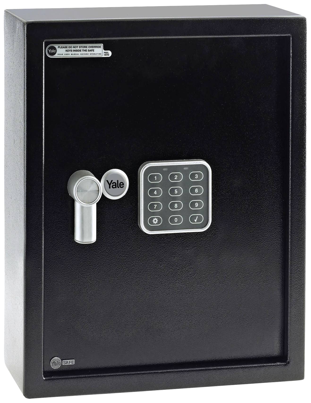 Ein schwarzer Safe mit elektronischem Zahlenschloss und einem runden Griff. Kein sichtbarer Inhalt.