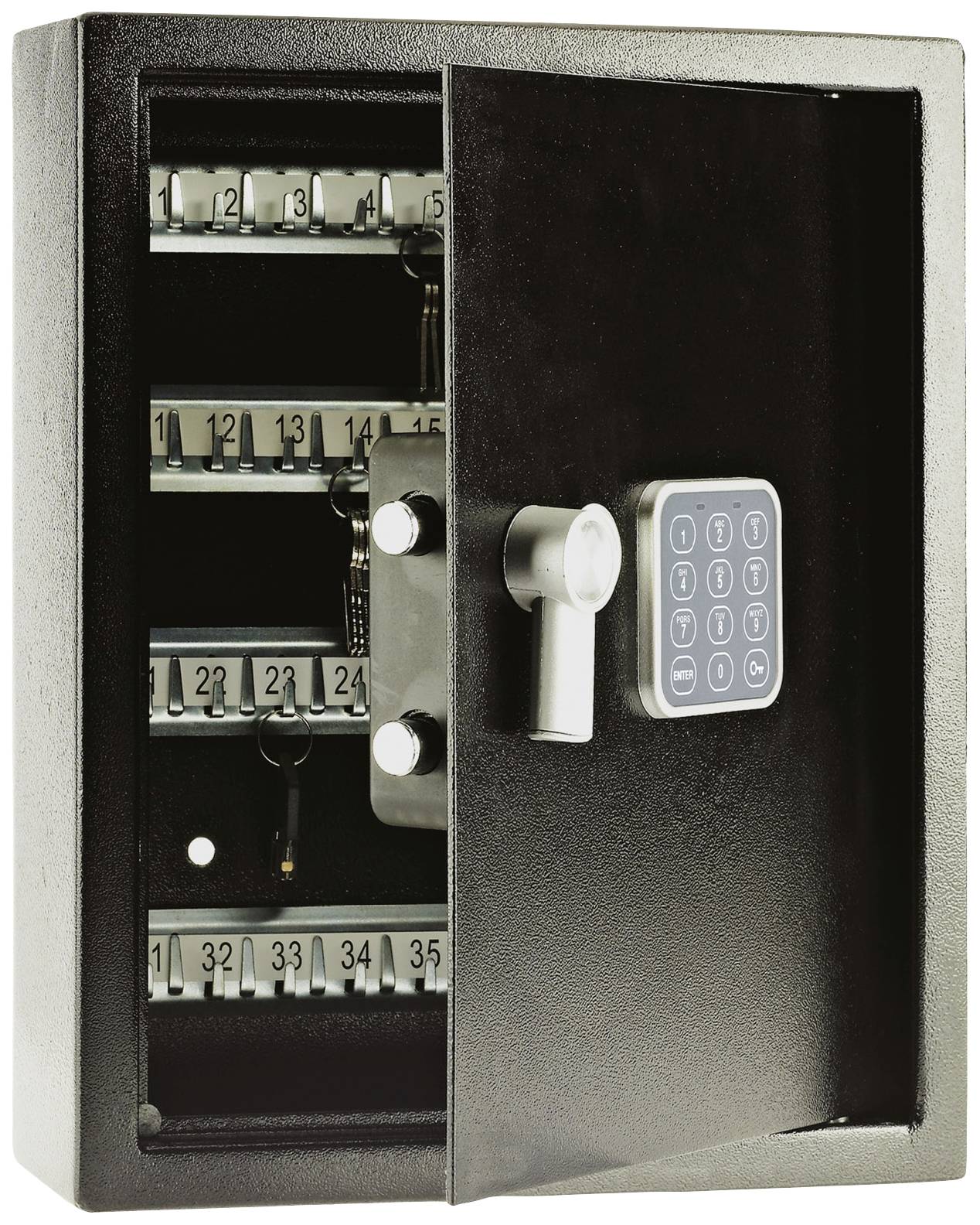 Offener Schlüsselschrank mit Zahlenschloss und nummerierten Hakenreihen, einige Schlüssel hängen an den Haken.