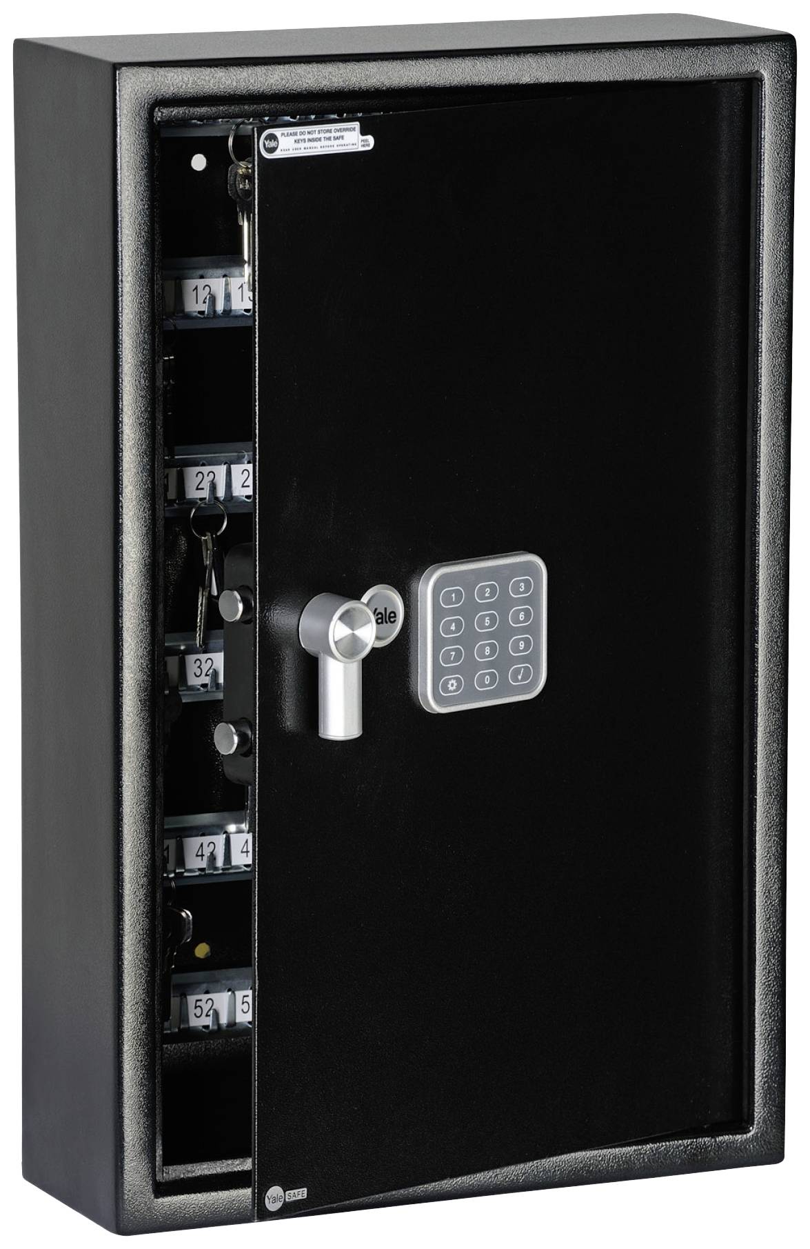 Ein elektronischer Tresor mit Zahlencode und Schlüsselhalterungen innen. Der Tresor ist offen und zeigt mehrere Schlüssel an.