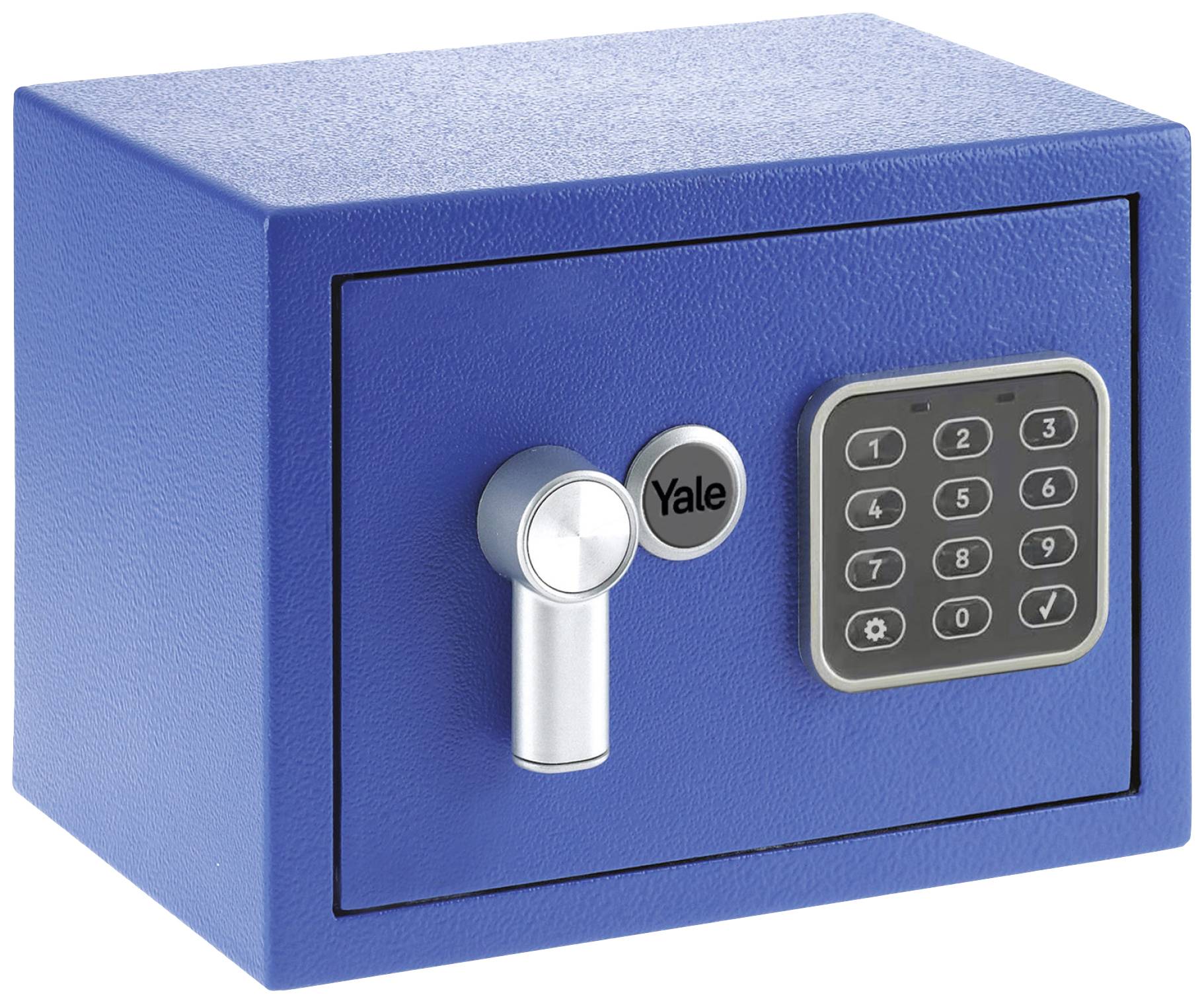Blauer Safe mit digitalem Tastenfeld und einem Drehgriff.