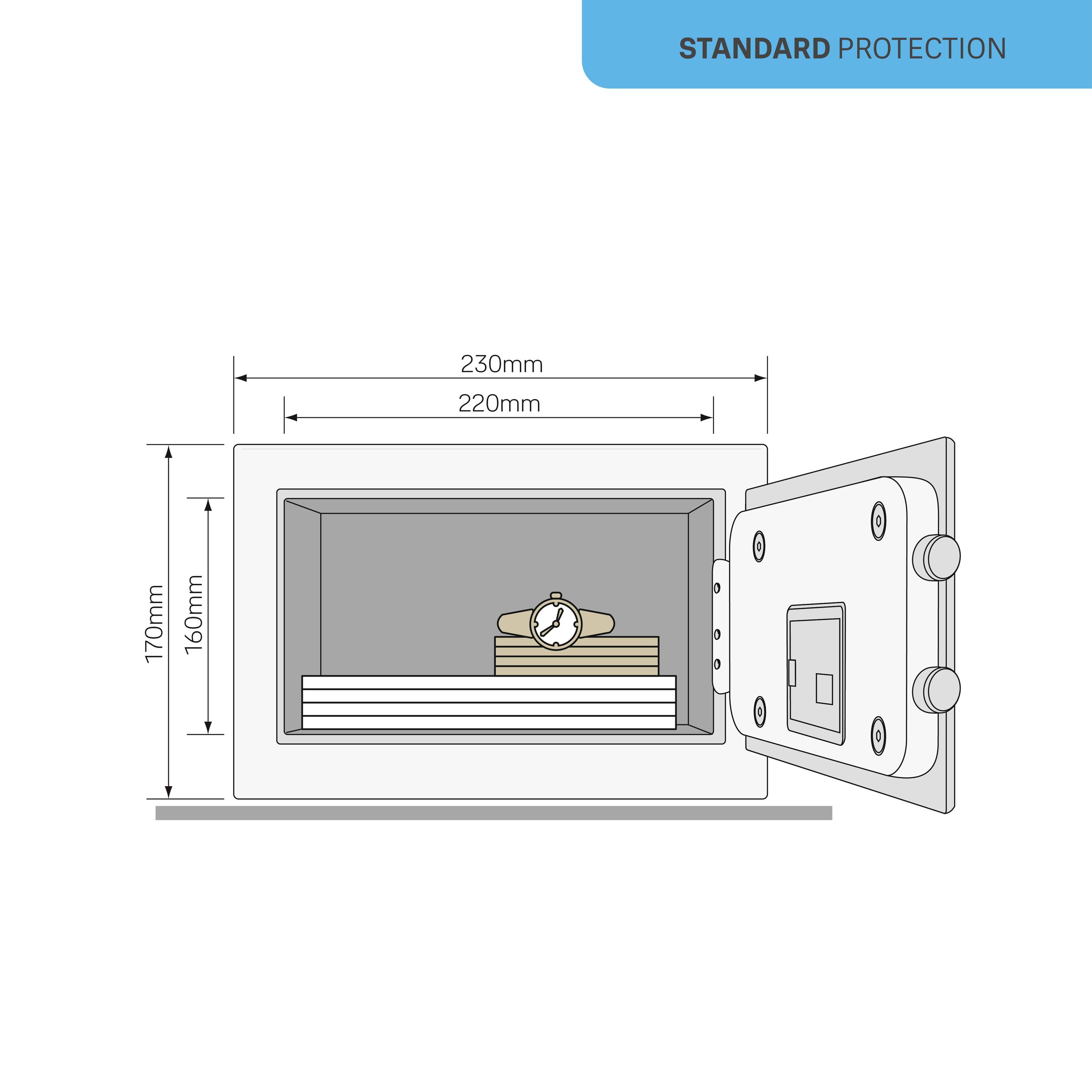 Offener Tresor mit den Maßen 230mm Breite und 170mm Höhe. Innen eine Uhr. Etikett 'Standard Protection' oben rechts.