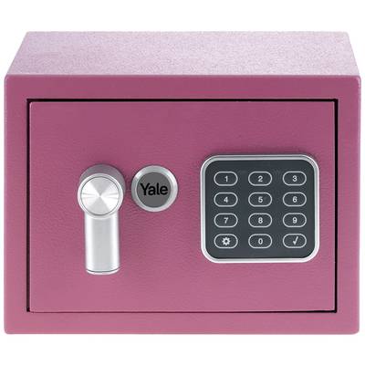 Ein rosa Safe mit digitalem Zahlenfeld und Drehgriff auf der Vorderseite.