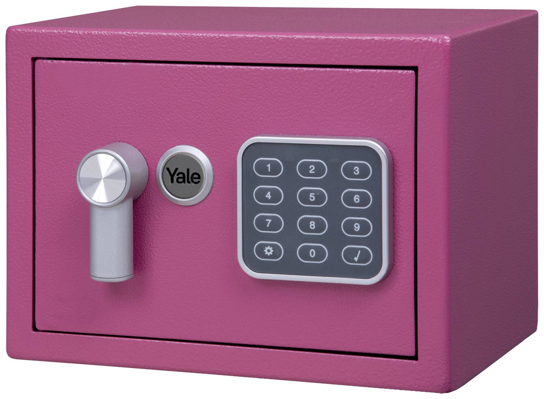 Ein pinker Tresor mit elektronischem Zahlenschloss und einem Drehgriff auf der linken Seite.