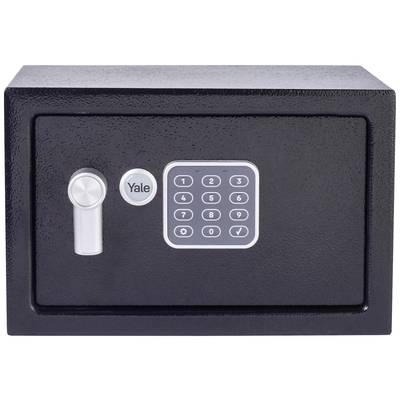 Schwarzer Tresor mit digitalem Nummernfeld und silbernem Drehgriff. Tresor ist geschlossen.
