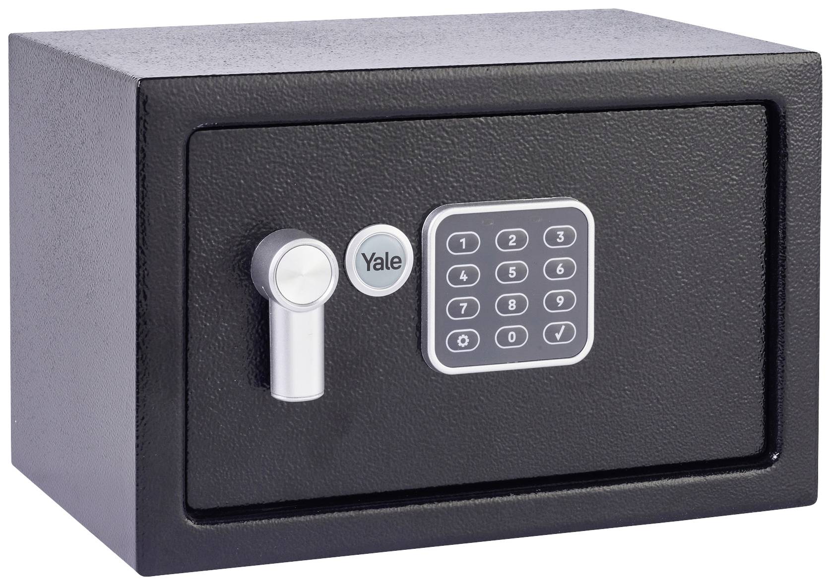 Schwarzer Tresor mit Zahlencode-Tastatur und Drehgriff links neben dem Schloss.