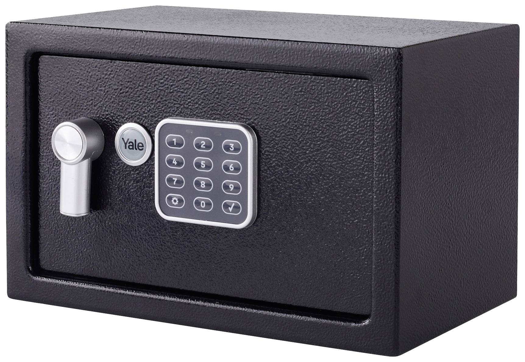 Ein schwarzer Tresor mit elektronischem Zahlenschloss und Drehgriff, geeignet zur sicheren Aufbewahrung von Wertsachen.