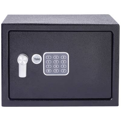 Ein schwarzer Tresor mit elektronischem Zahlenfeld und Schlüsselgriff an der Vorderseite. Geeignet zum Schutz von Wertsachen.
