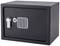 Ein schwarzer Safe mit elektronischem Tastenfeld und Drehknopf auf der Vorderseite.