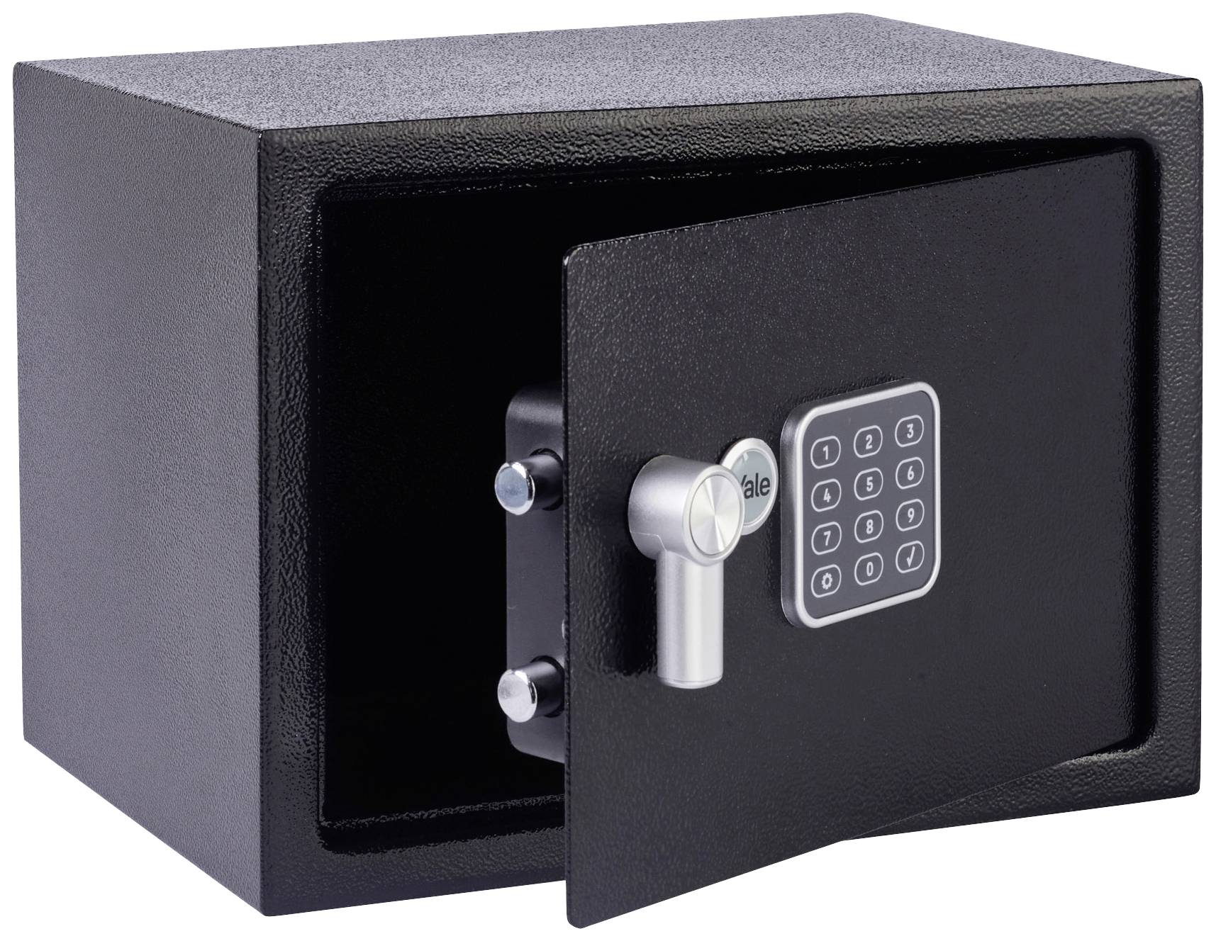 Ein geöffneter Tresor mit elektronischem Zahlenschloss, geeignet zur sicheren Aufbewahrung von Wertsachen und Dokumenten.
