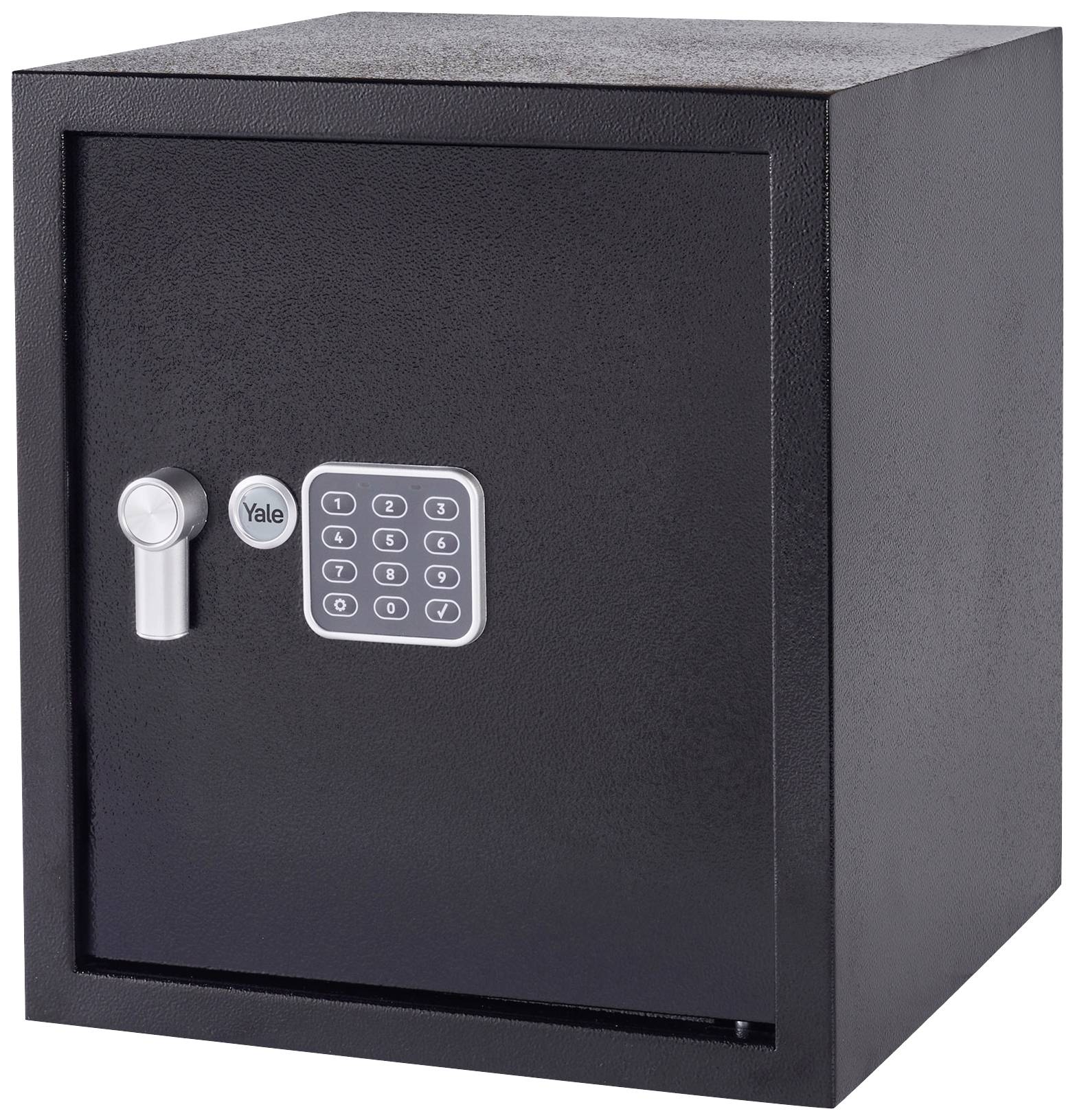 Schwarzer Tresor mit digitalem Zahlenschloss und Drehgriff auf der Vorderseite, stehend auf einem hellen Untergrund.