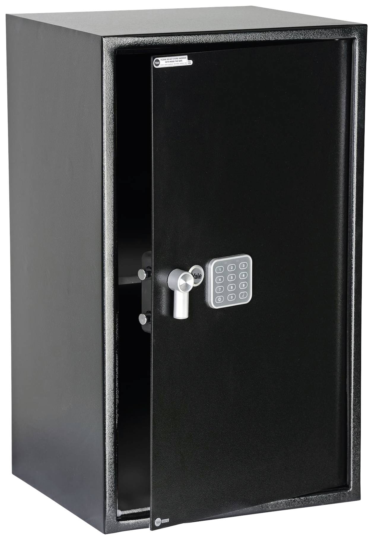 Schwarzer Tresor mit geöffneter Tür und elektronischem Zahlenschloss, zeigt leeren Innenraum.