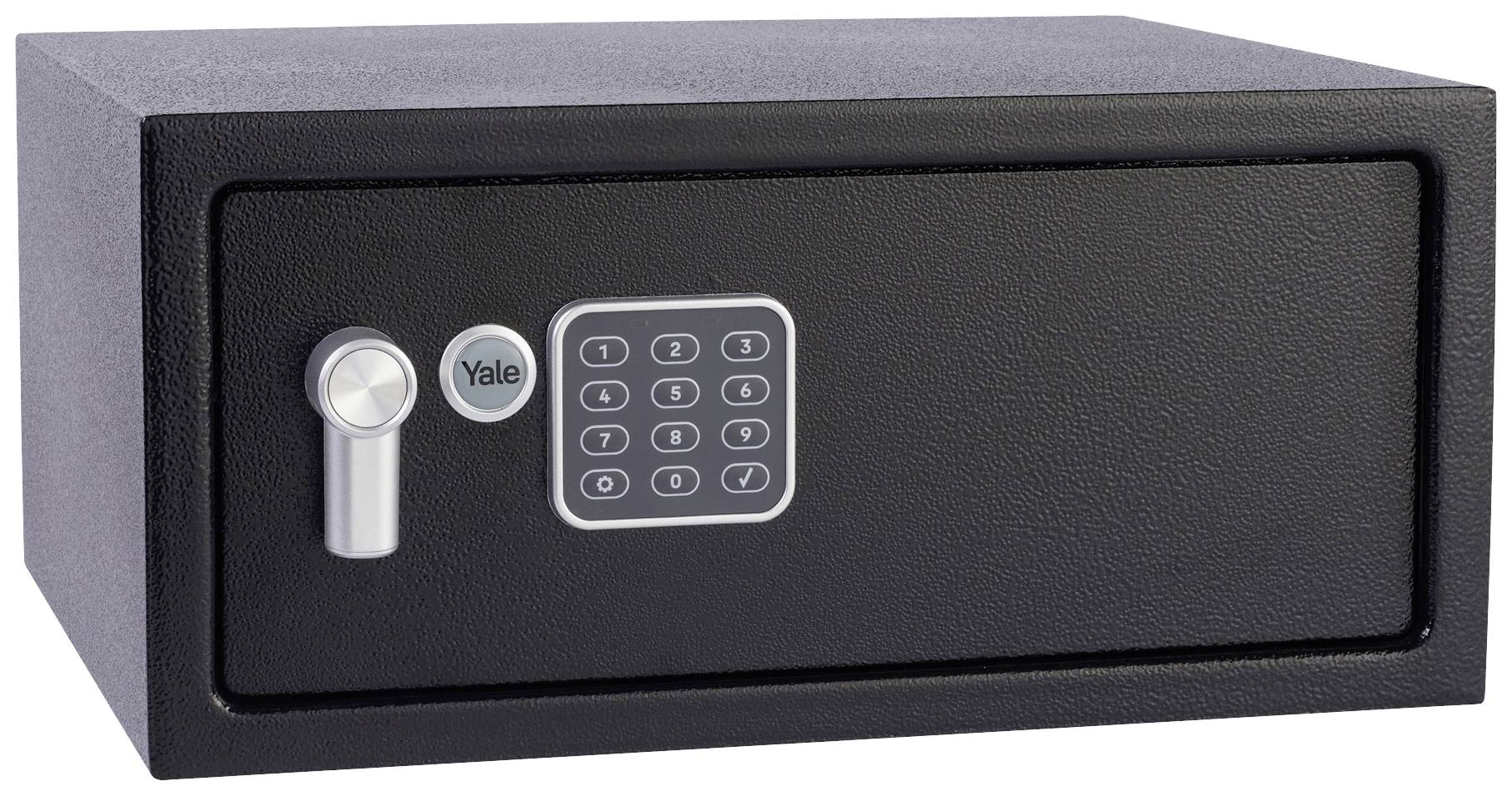 Schwarzer Tresor mit elektronischem Zahlenfeld und Drehgriff, geeignet zur sicheren Aufbewahrung von Wertsachen.