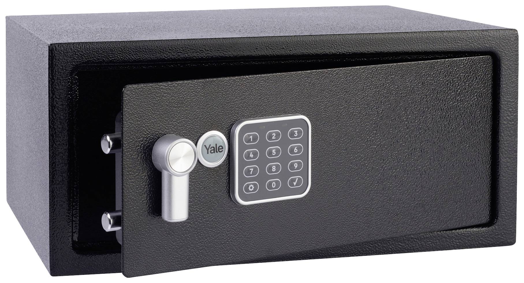 Ein schwarzer Tresor mit geöffneter Tür, digitalem Zahlenschloss und silbernem Drehgriff, steht auf einer ebenen Fläche.