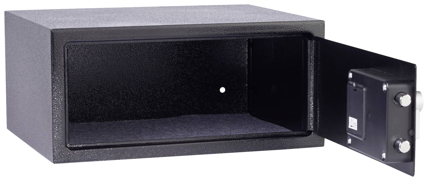 Schwarzer Tresor mit geöffneter Tür, zeigt leeren Innenraum. Sicherheitsbolzen an der Tür sichtbar. Ideal zur Aufbewahrung von Wertsachen.