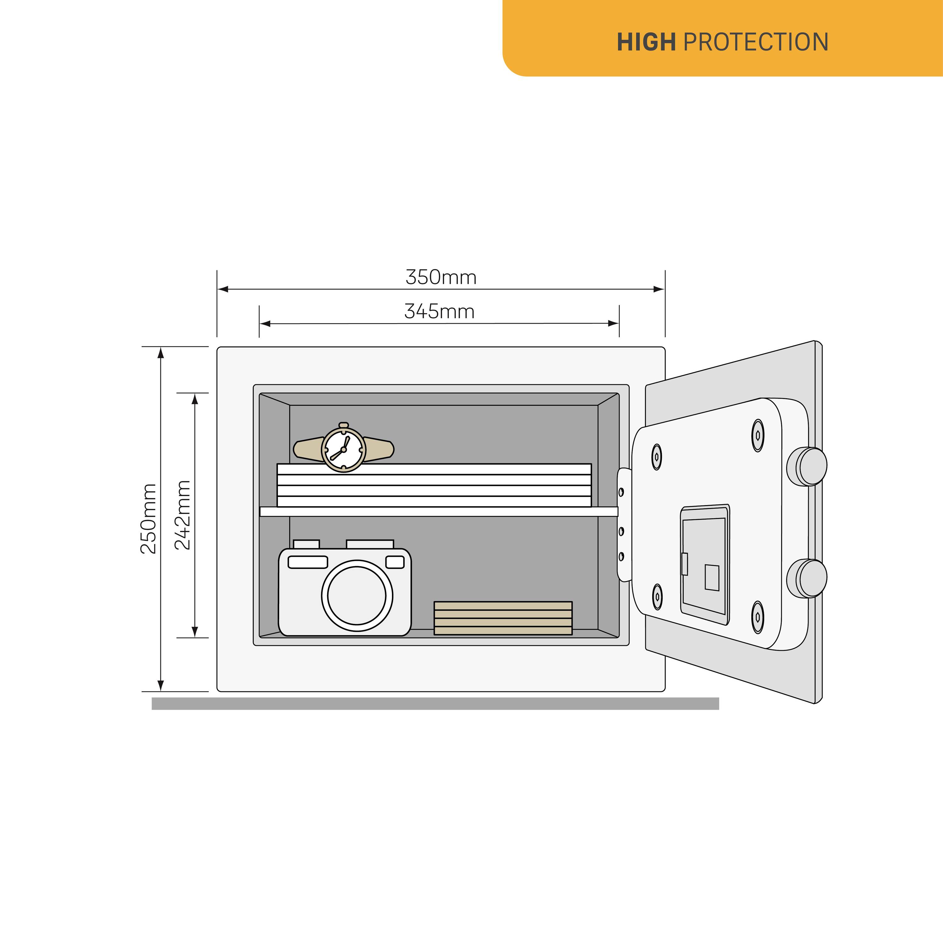 Offener Tresor mit 'HIGH PROTECTION' Etikett. Enthält Uhr, Kamera, und Kiste. Maße: 350mm x 250mm x 250mm.
