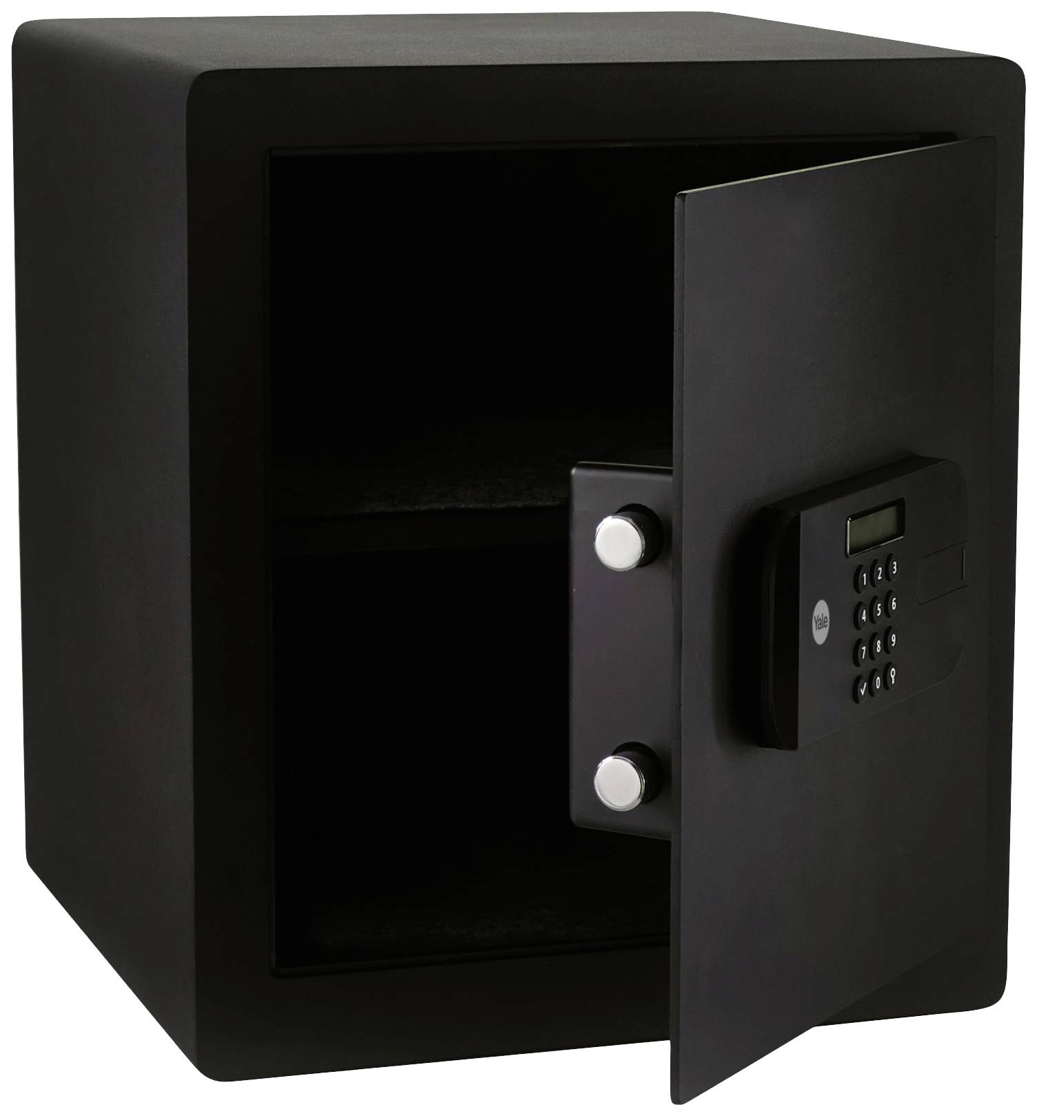 Schwarzer Tresor mit geöffneter Tür und digitalem Zahlenschloss, zeigt leeren Innenraum mit zwei Fächern.