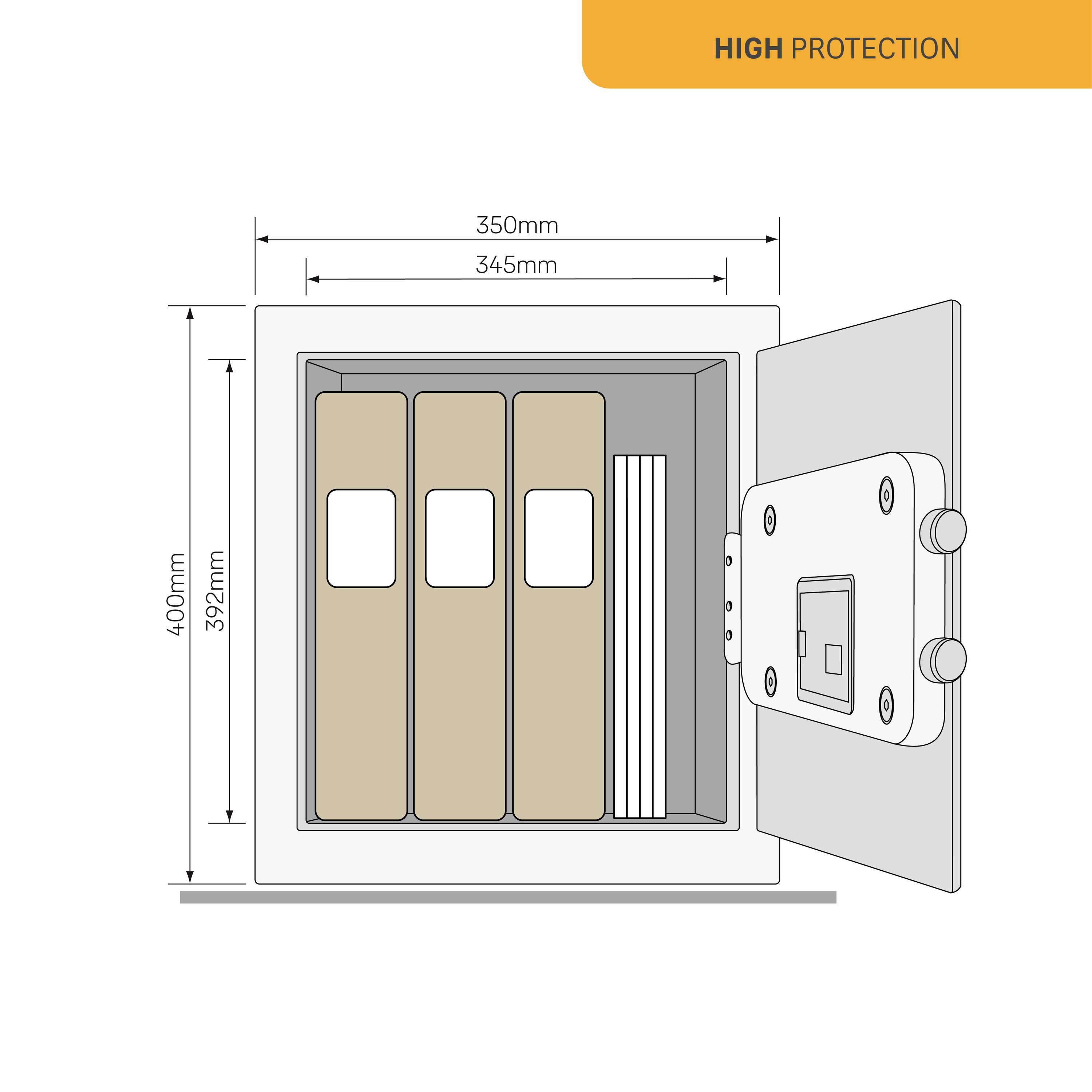Tresor mit geöffnetem Tür. Innen 3 Ordner und ein Dokument. Außenmaße: 400x350mm, Innenmaße: 392x345mm. Text oben: 'High Protection'.