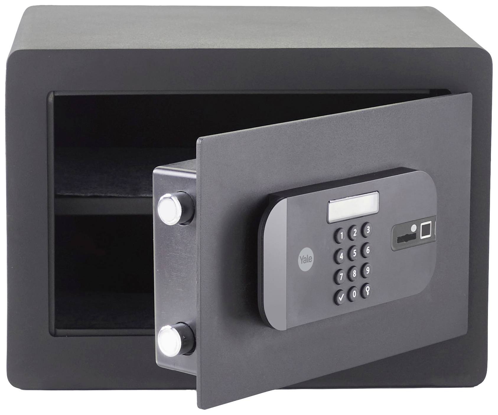 Offener schwarzer Tresor mit digitalem Tastenfeld und Anzeigebildschirm.