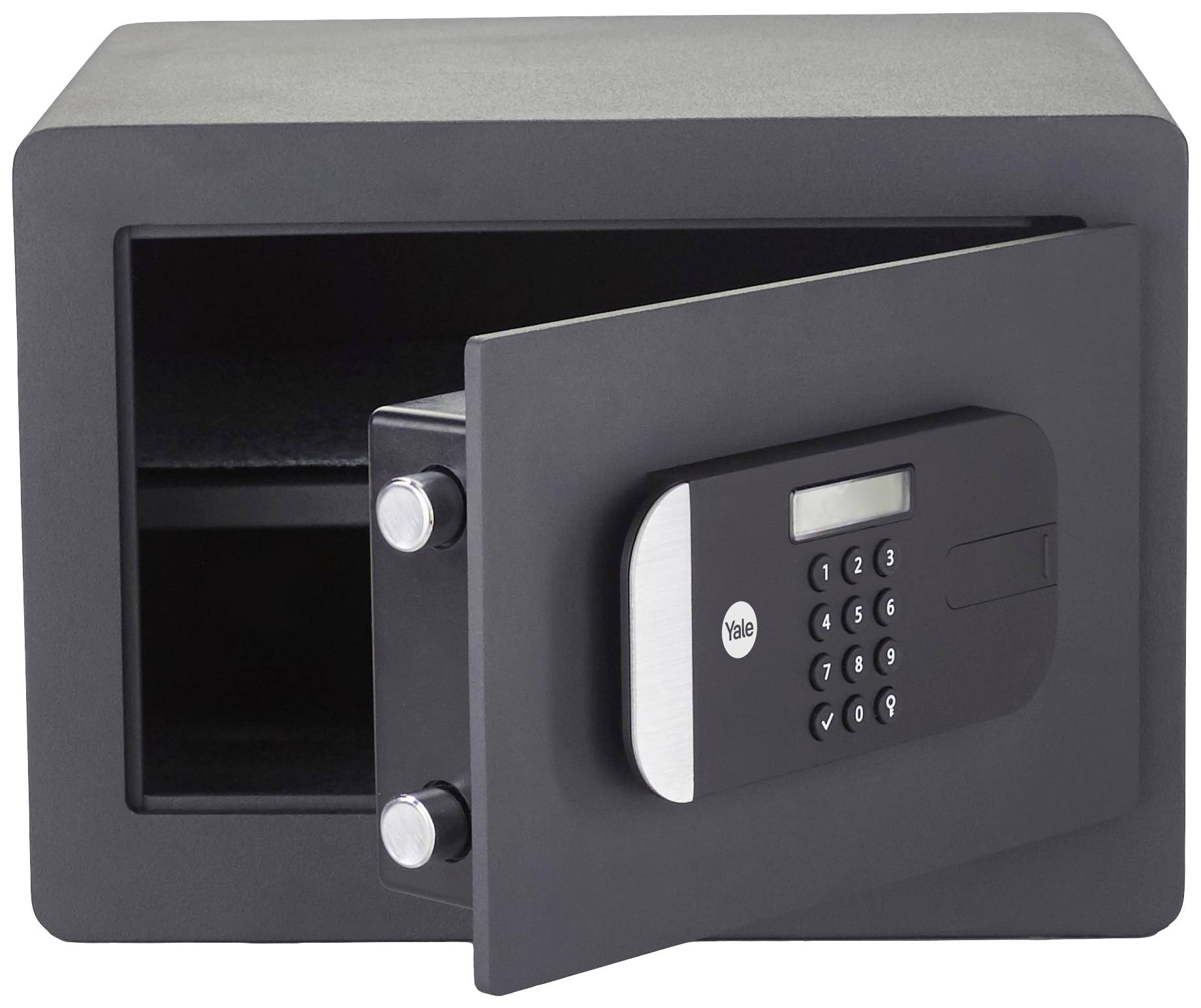 Ein schwarzer Safe mit geöffneter Tür und elektronischem Zahlenschloss auf der Vorderseite, bietet sicheren Stauraum.