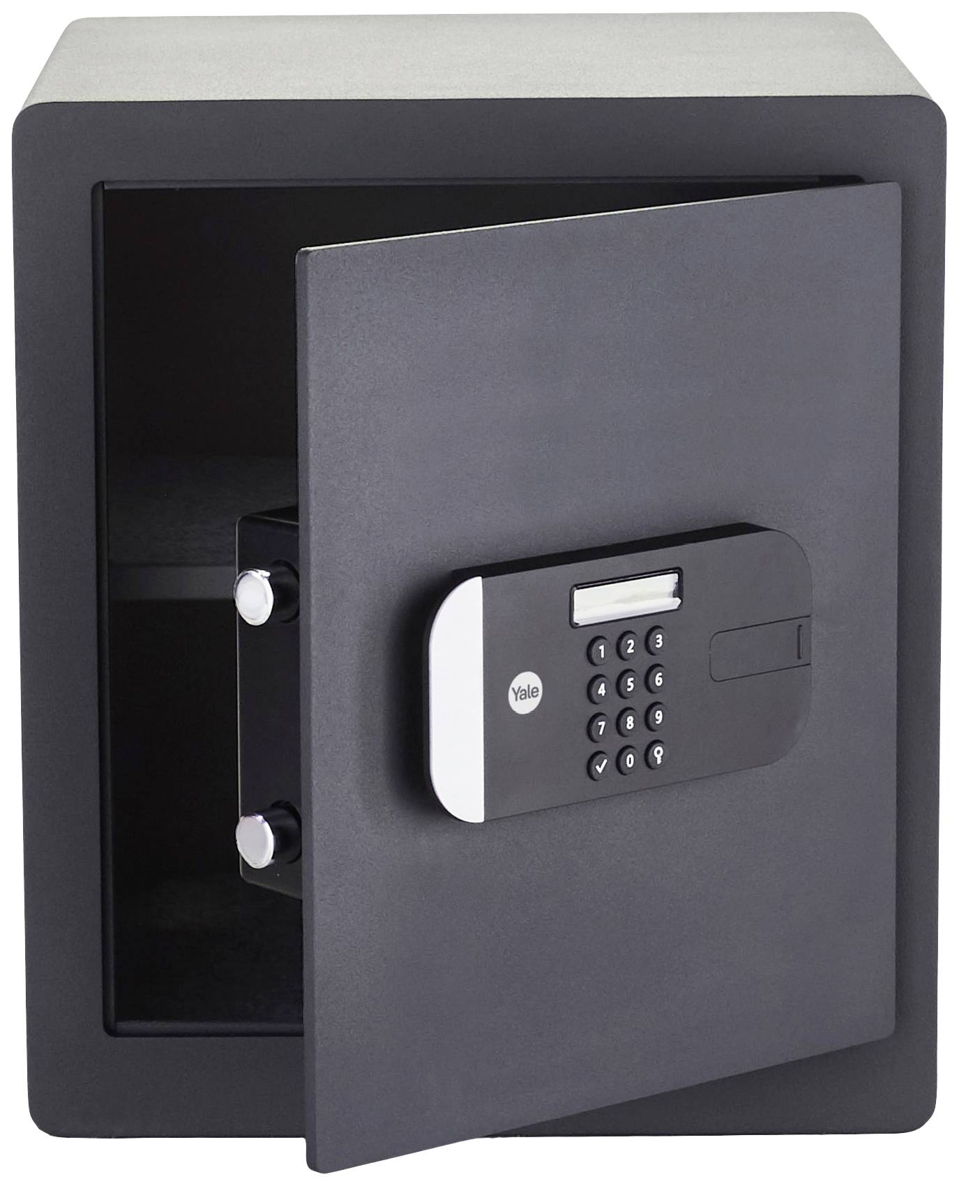 Ein schwarzer Safe mit geöffneter Tür, die ein elektronisches Zahlenschloss zeigt.