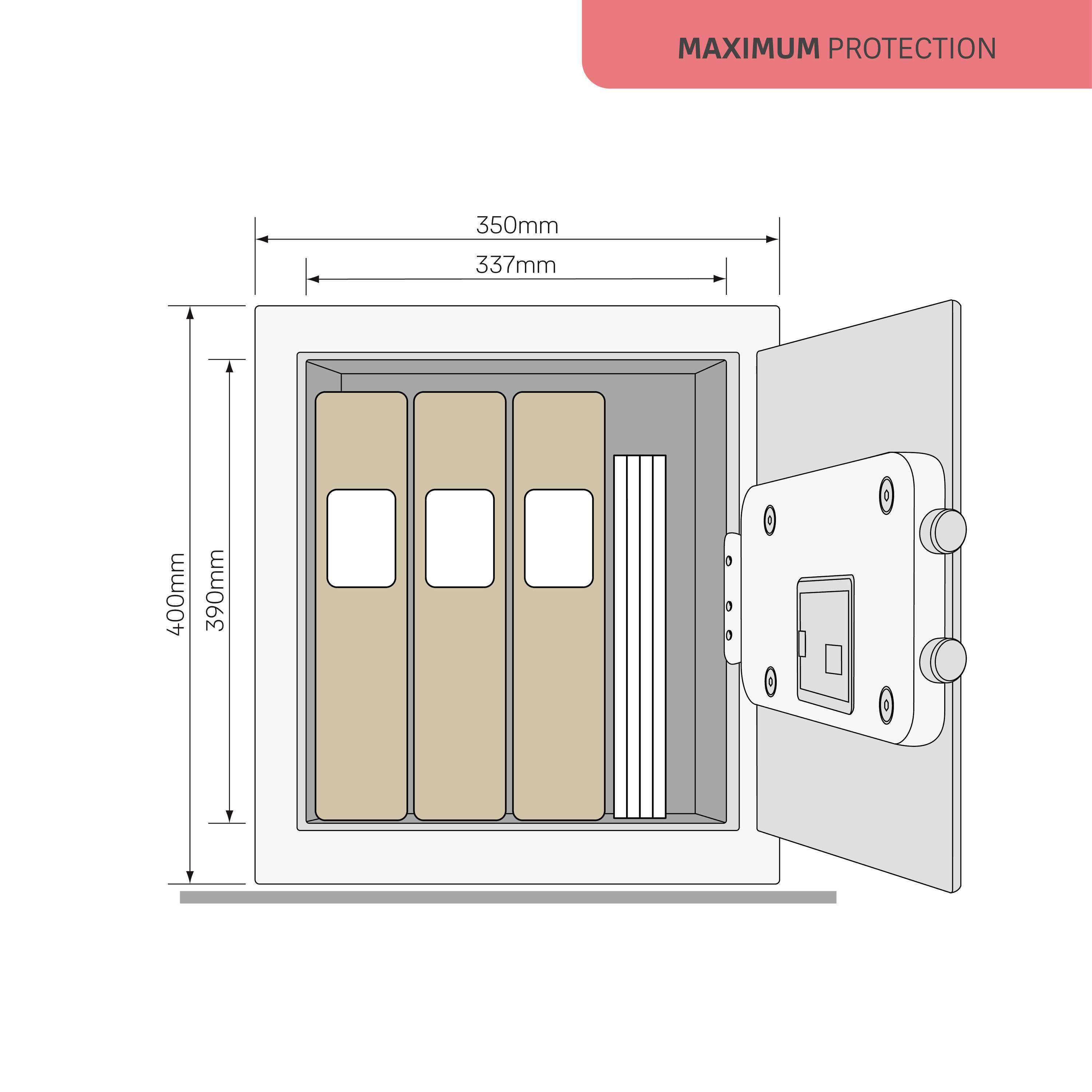 Offener Tresor mit drei Aktenordnern und einem Buch. Abmessungen: Höhe 400 mm, Breite 350 mm. Text oben rechts: 'MAXIMUM PROTECTION'.