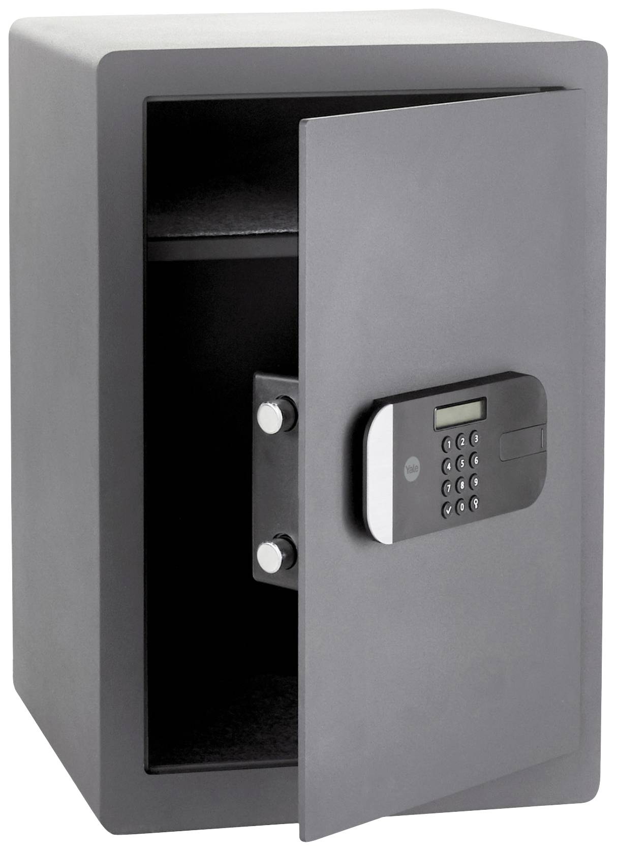 Ein geöffneter Tresor mit einem elektronischen Zahlenschloss an der Vorderseite; das Innere ist leer.