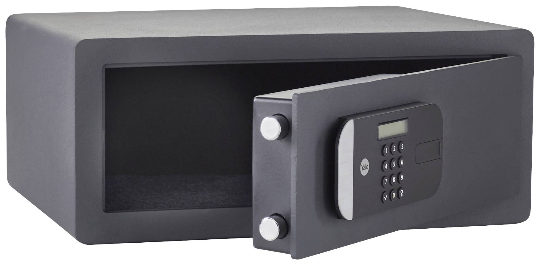 Schwarzer Tresor mit offener Tür, zeigt ein numerisches Tastenfeld für die elektronische Eingabe eines Codes, leerer Innenraum.