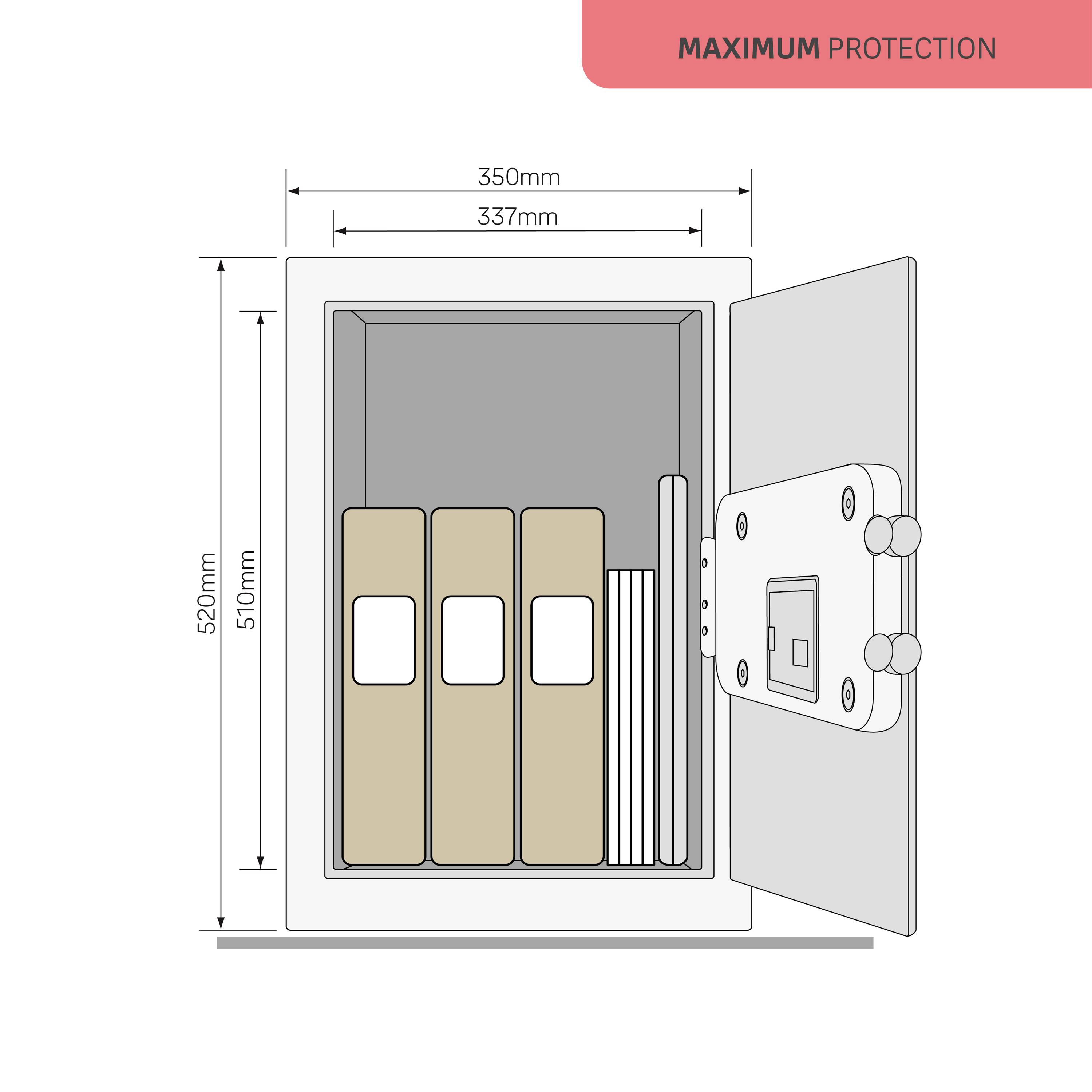 Geöffneter Tresor mit vier Ordnern und zwei Büchern. Maße: 520mm hoch, 510mm tief, 337mm breit. Hinweis: 'MAXIMUM PROTECTION'.