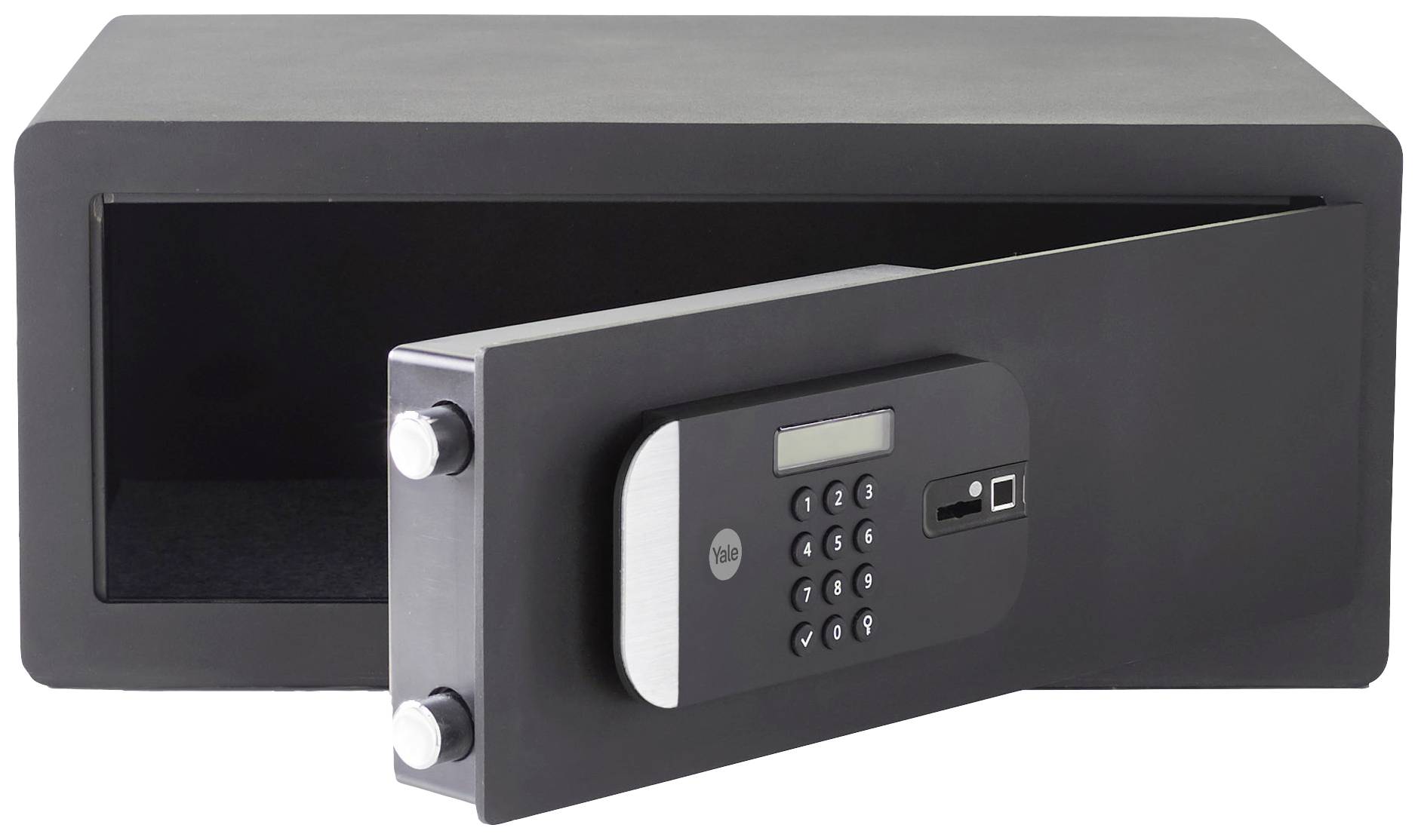 Ein geöffneter schwarzer Tresor mit digitalem Tastenfeld und Display, zeigt die robuste Bauweise und bietet Platz zur sicheren Aufbewahrung.