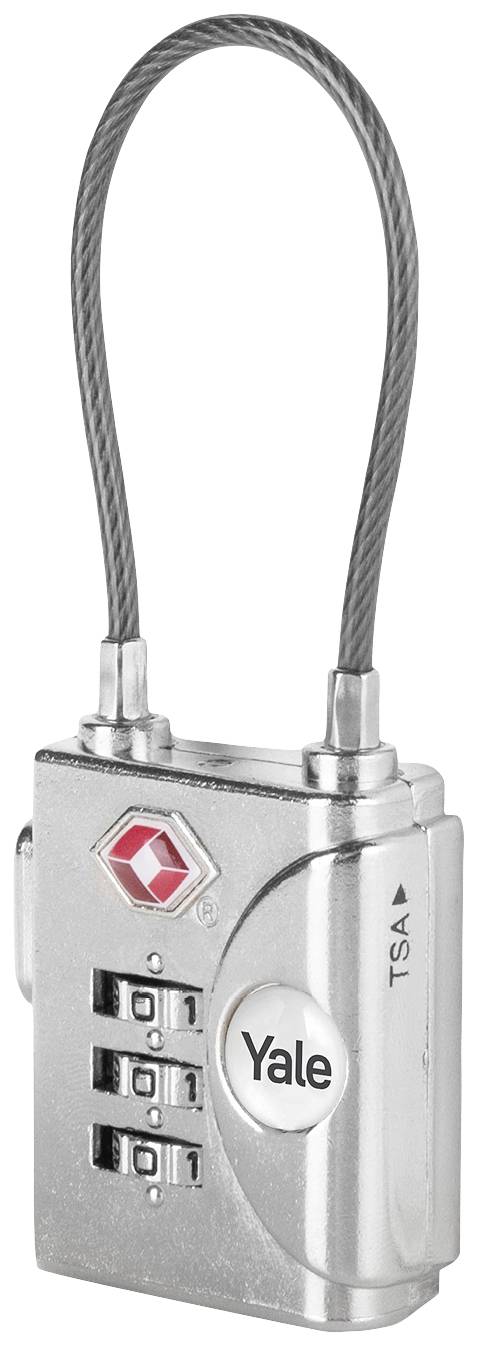 Silbernes Zahlenschloss mit drei Ziffernrollen und rotem TSA-Symbol oben links.