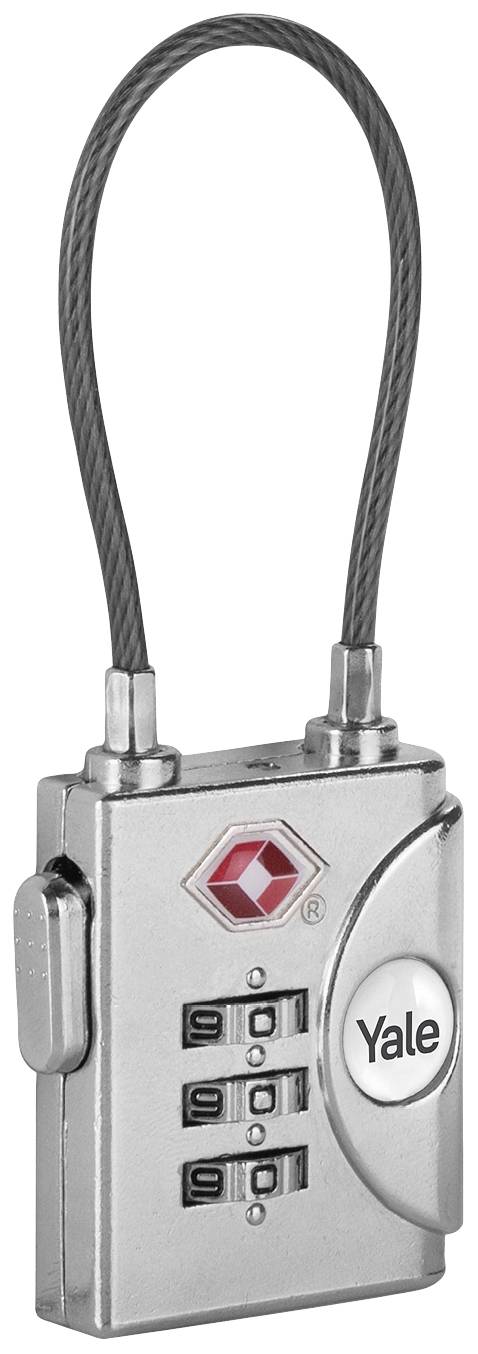 Kleines, silbernes TSA-Kofferschloss mit drei Zahlenrädern und flexiblem Stahlkabelbügel. Markierungen: 'Yale' und TSA-Logo.