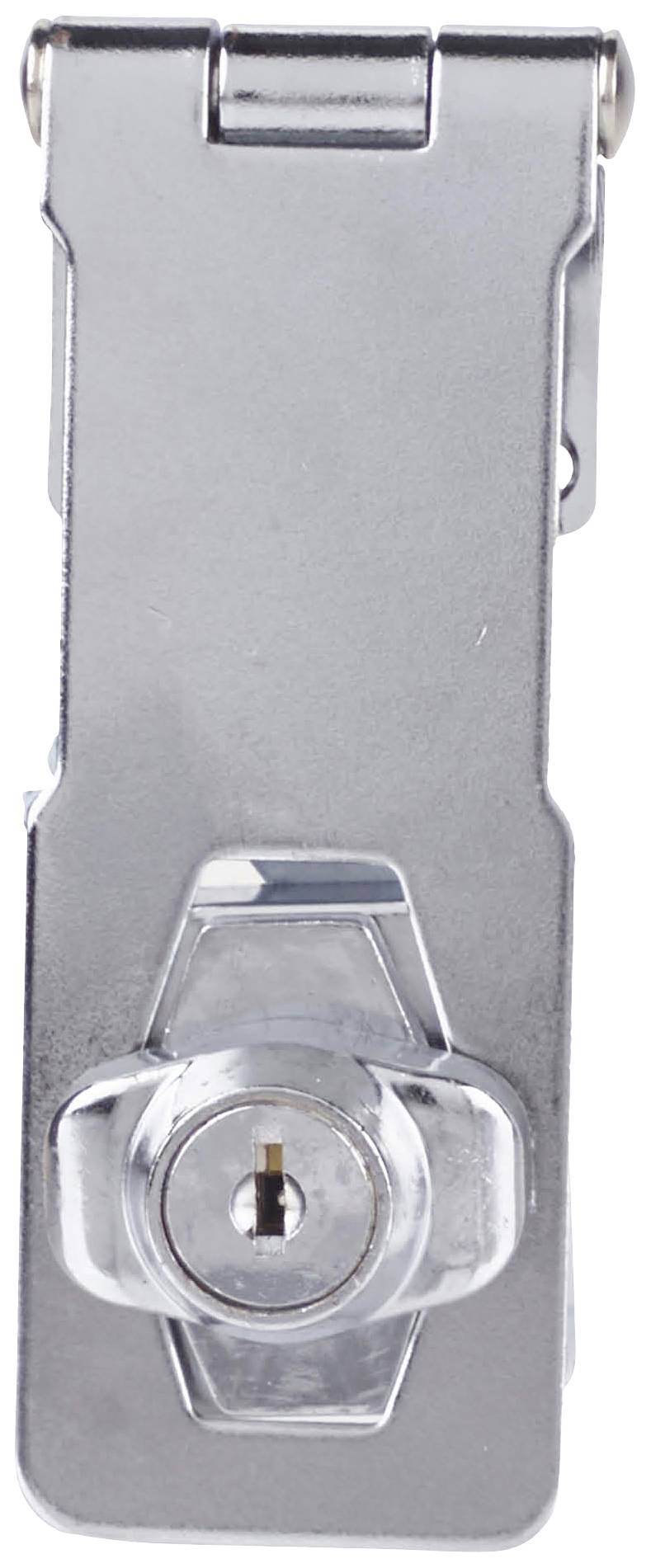 Metallverschluss mit integriertem Schließzylinder, für Sicherheitsanwendungen auf Kisten oder Schränken.