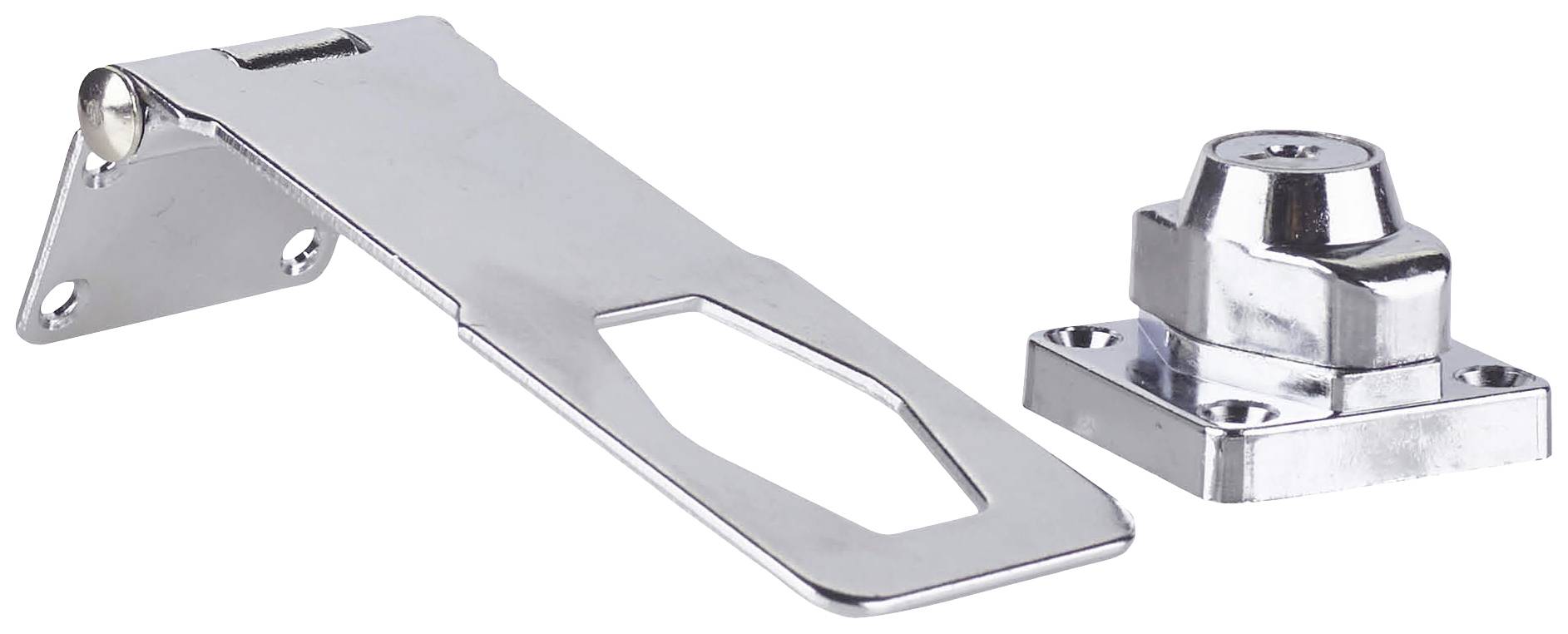 Metallisches Türschloss und Halterung, silbern glänzend, für Sicherheitseinrichtungen an Türen geeignet. Links: Schließmechanismus, rechts: Halteelement.