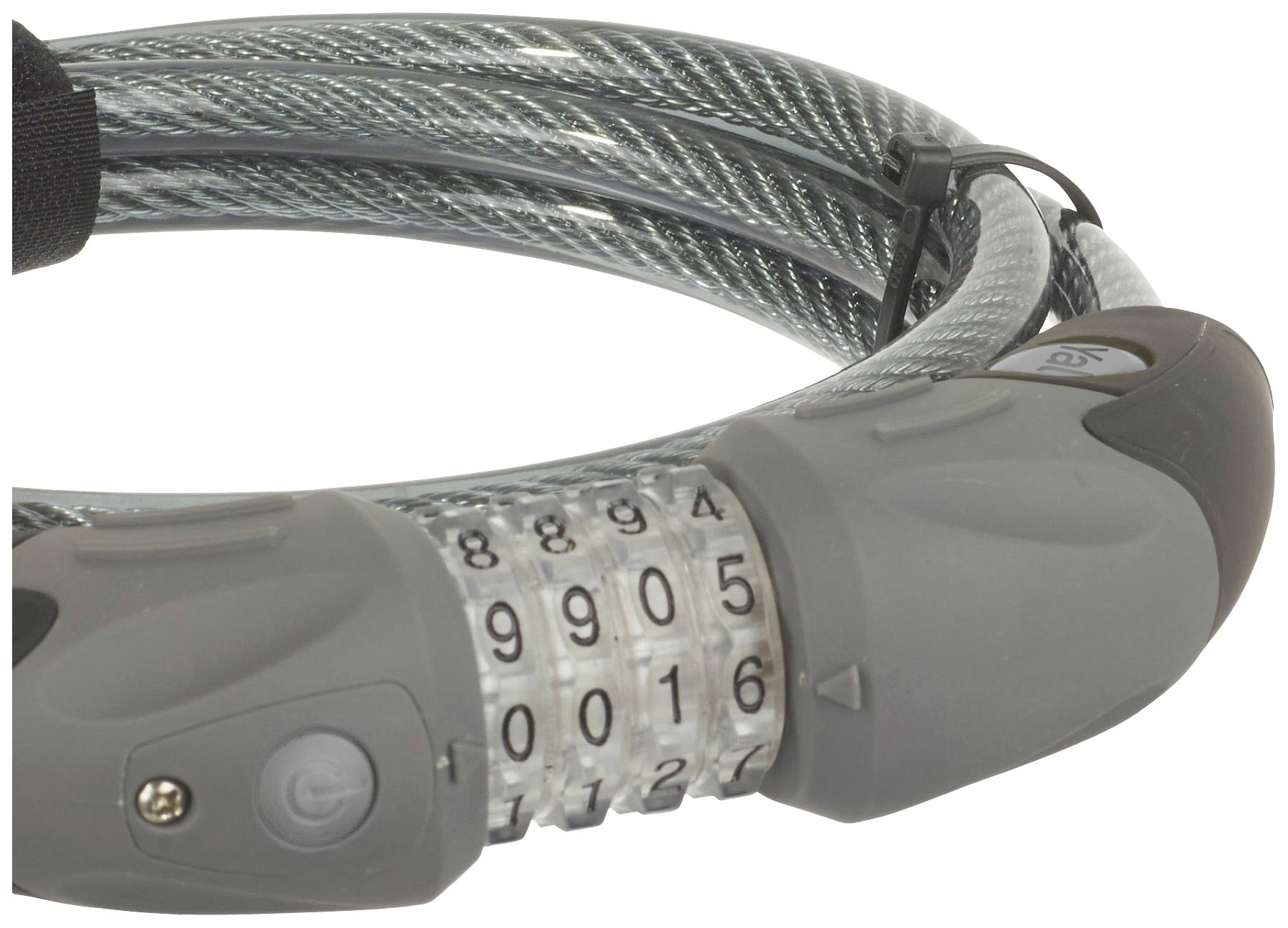 Fahrradschloss mit Zahlenkombination, bestehend aus spiralförmigem Drahtseil und Kunststoffgehäuse, zeigt Zahlen 8 bis 0.