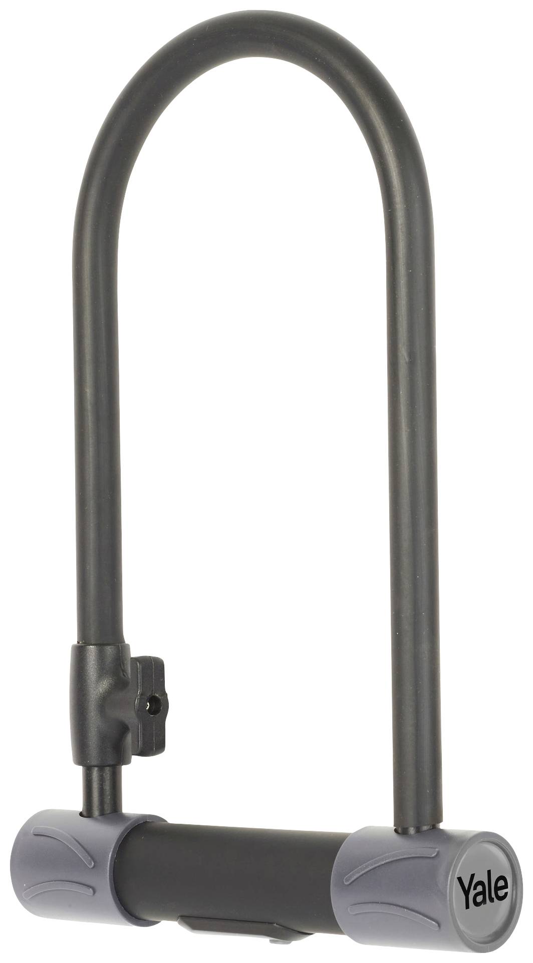 Ein U-förmiges Fahrradschloss aus Metall mit einem grauen Kunststoffüberzug; geeignet für Diebstahlschutz.