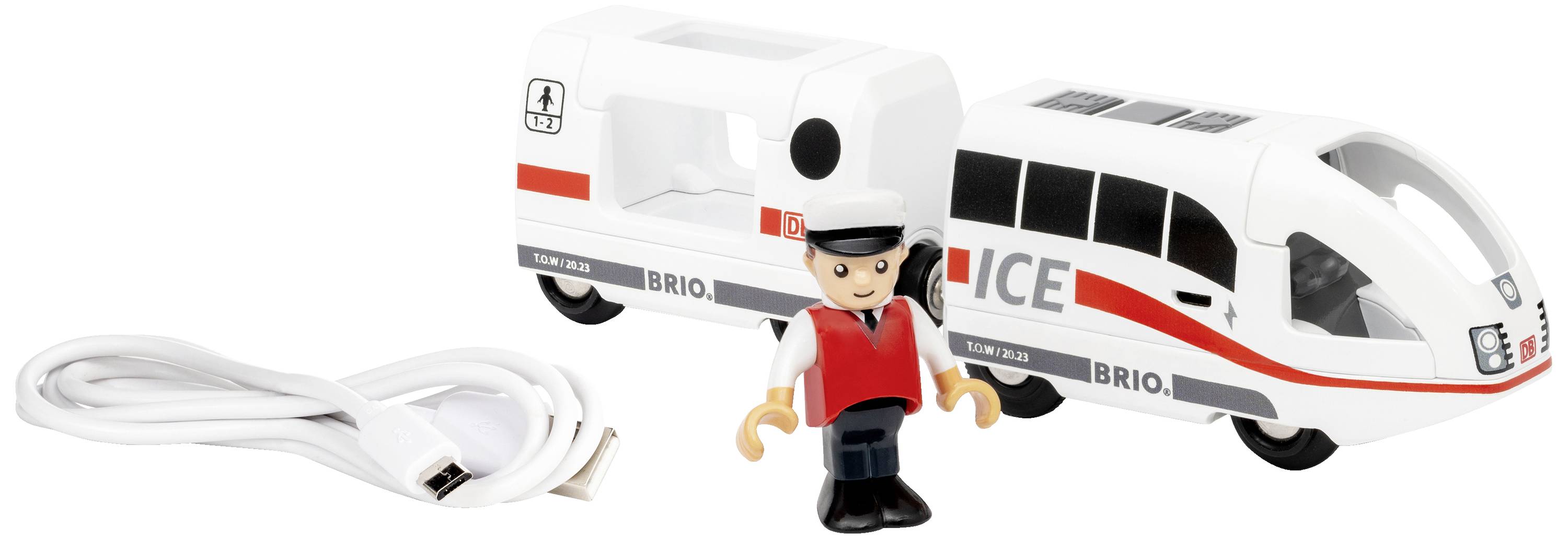 Spielzeug-Eisenbahn-Set mit ICE-Zug, Figur im roten Weste und USB-Kabel. Modell von BRIO, inspiriert von einem deutschen Hochgeschwindigkeitszug.