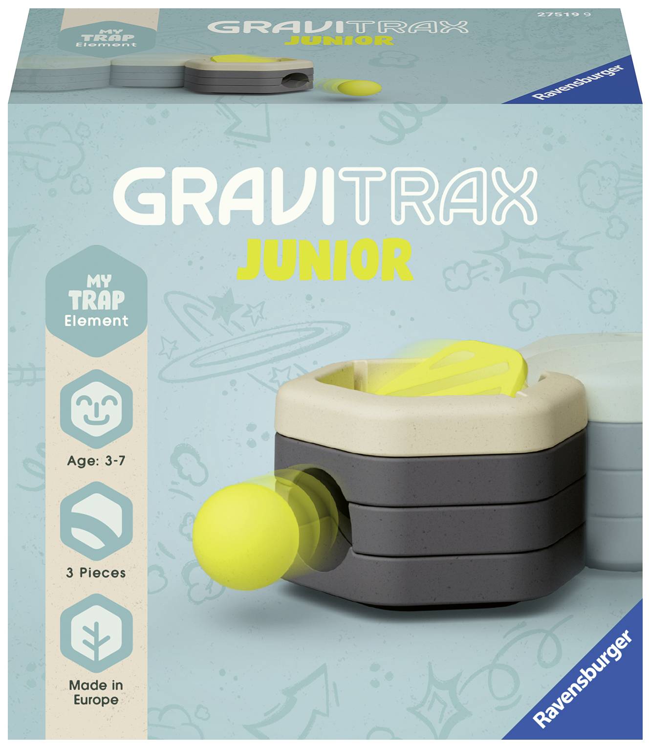 GraviTrax Junior Spielset Verpackung mit "My Trap Element", geeignet für Kinder im Alter von 3-7 Jahren, enthält 3 Teile.