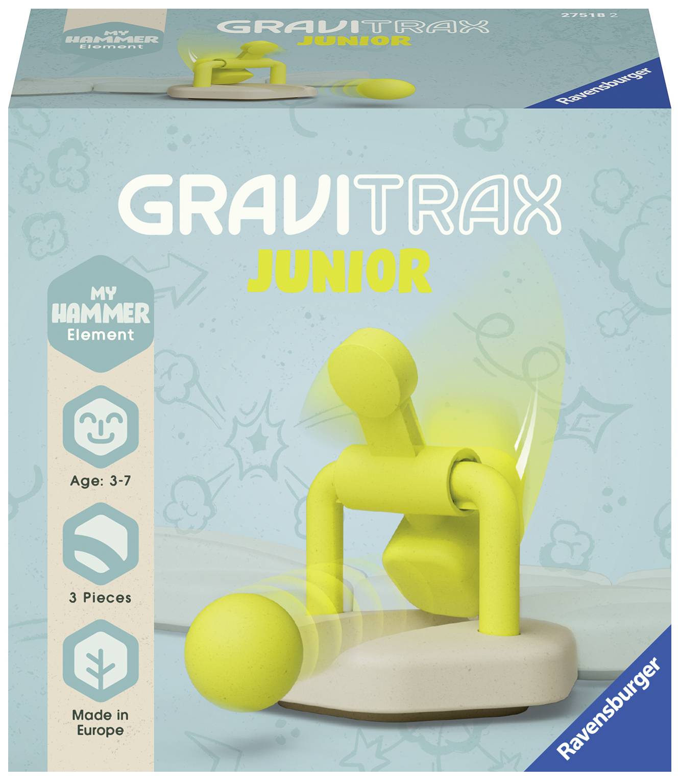 Verpackung des GraviTrax Junior My Hammer Elements mit einem Bild des Hammersets. Geeignet für Kinder im Alter von 3-7 Jahren.