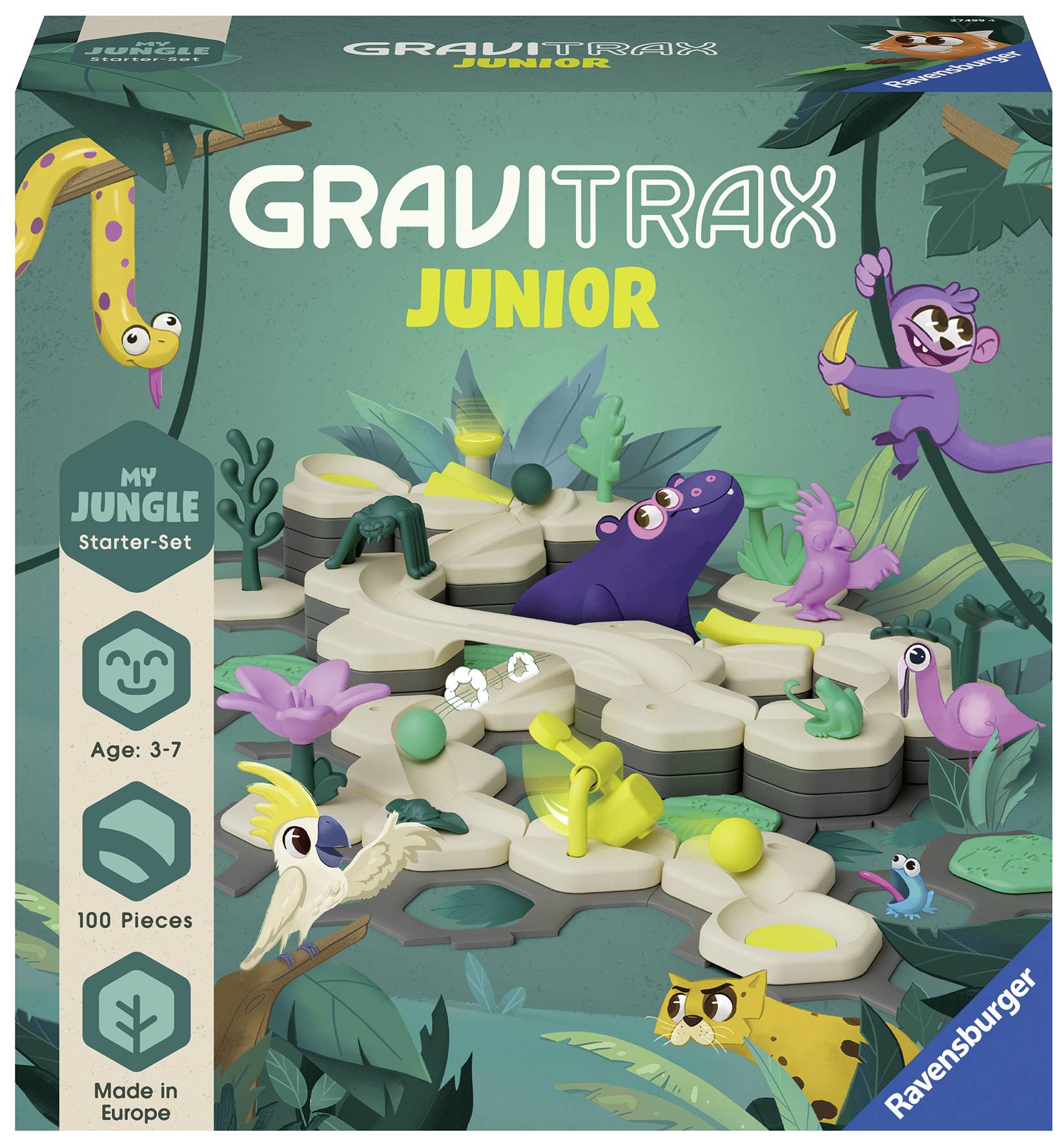 'GraviTrax Junior Jungle Starter-Set' von Ravensburger für Kinder von 3-7 Jahren. Enthält 100 Teile. Verpackung mit Dschungeltieren.