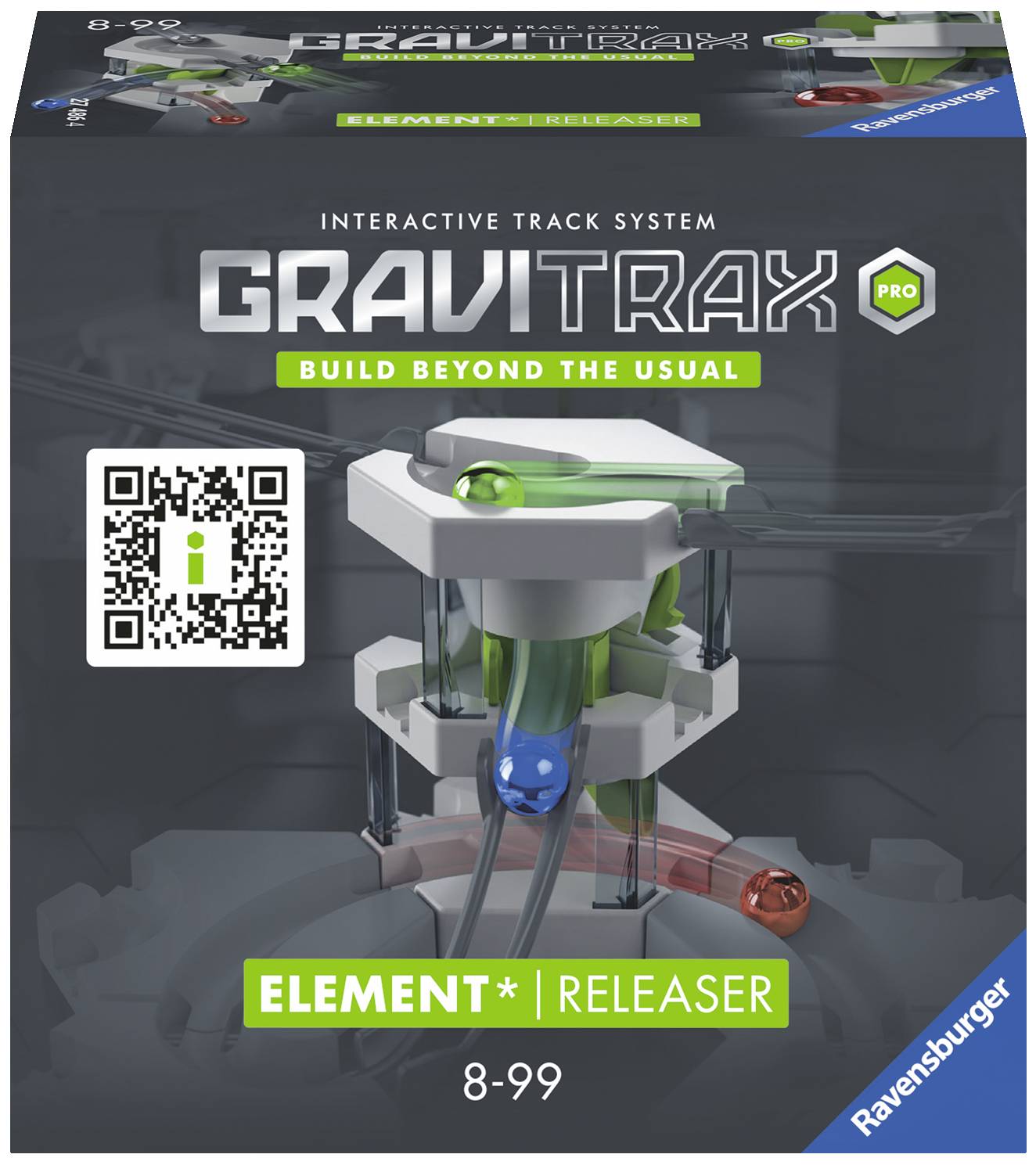 Die Verpackung zeigt das 'GraviTrax Pro Element Releaser' mit Altersangabe 8-99 Jahre und Ravensburger-Logo. Enthält QR-Code.